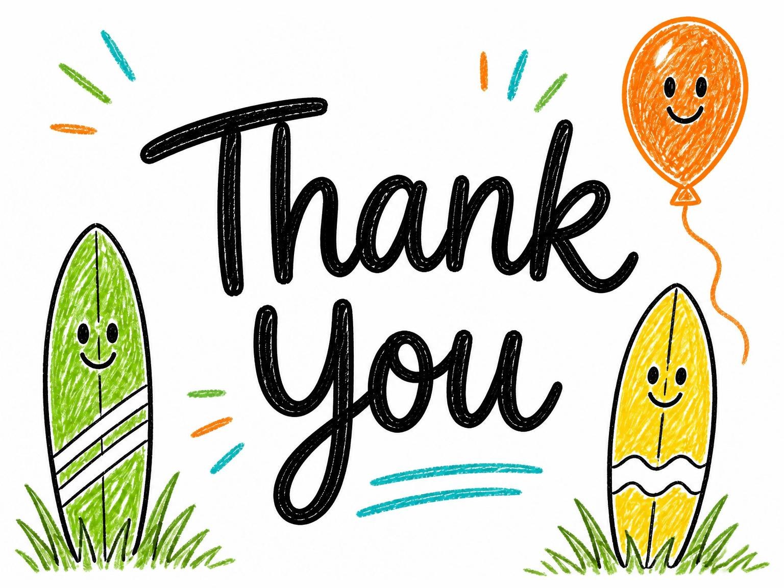 The matching thank-you card for the Crayon Surfboard Beach Themed 6th Birthday invitation
