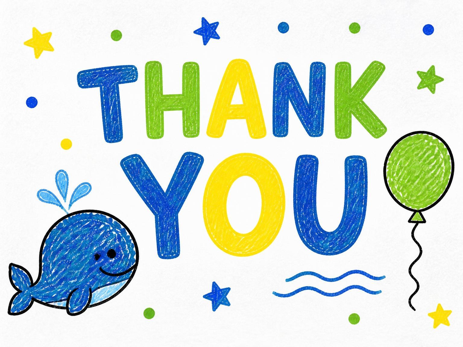 The matching thank-you card for the Crayon Blue Whale 6th Birthday Invitation invitation