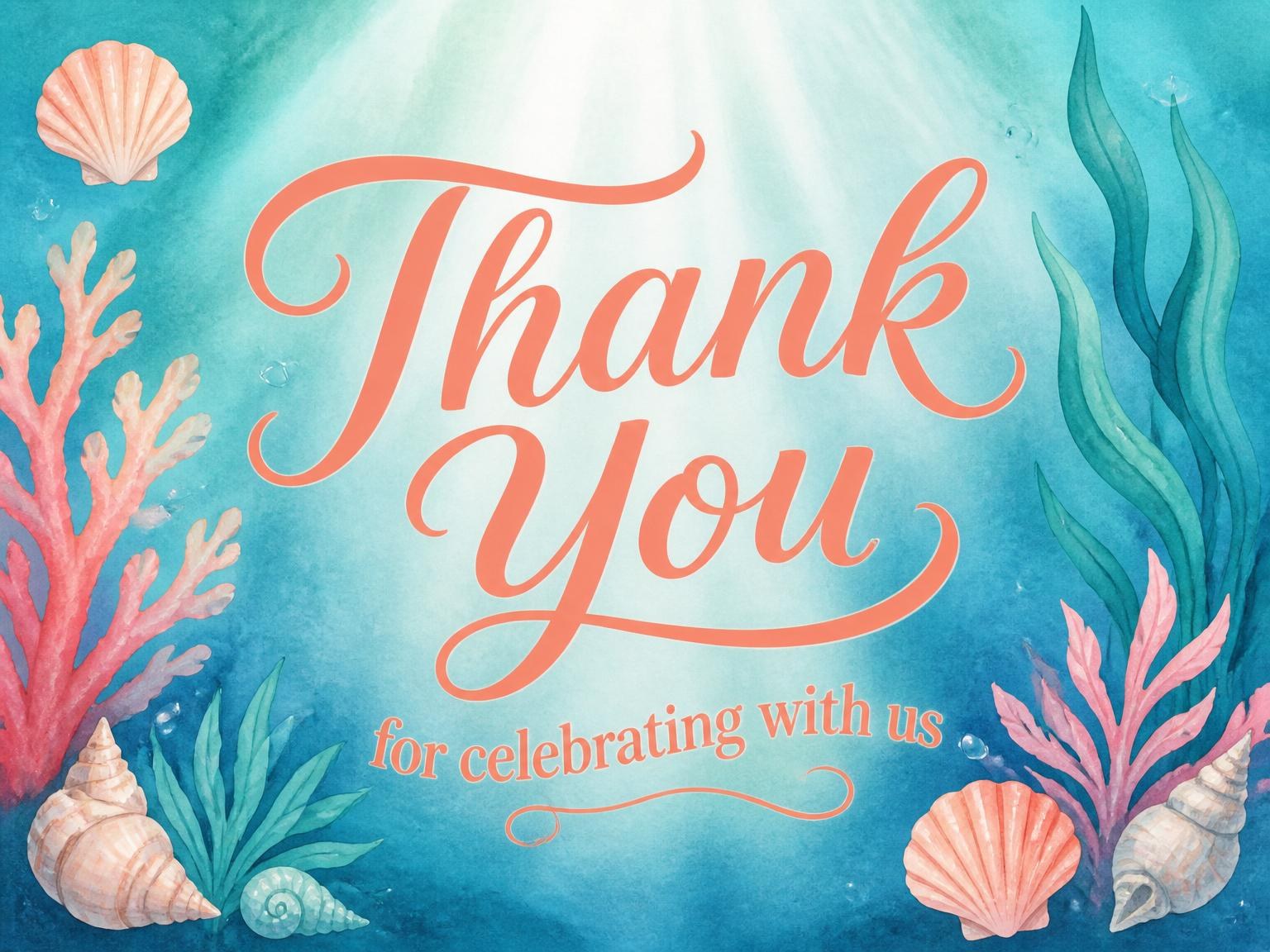 The matching thank-you card for the Watercolor Coral Mermaid 5th Birthday Party invitation