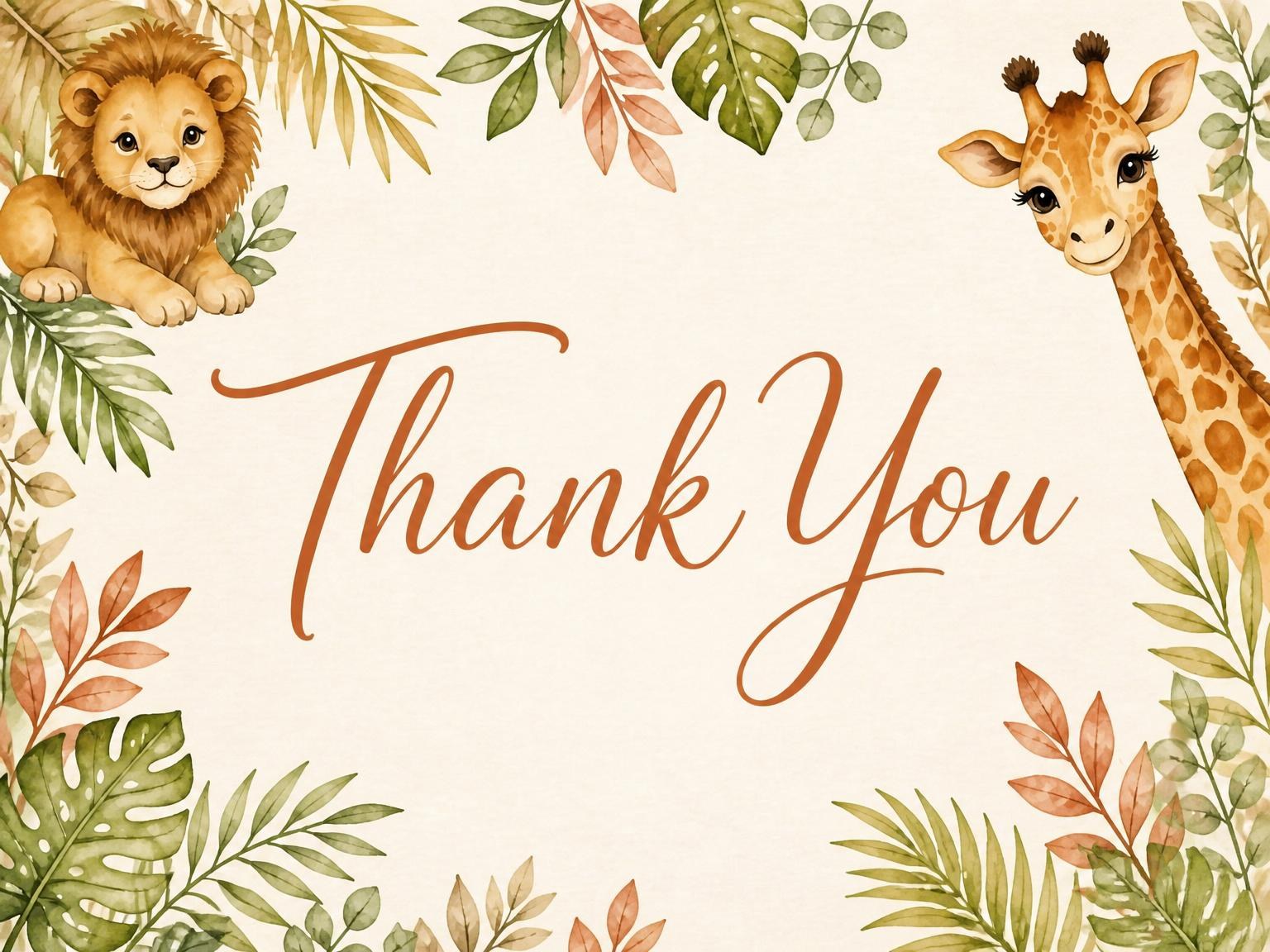The matching thank-you card for the Watercolor Jungle Animal Birthday Invitation invitation