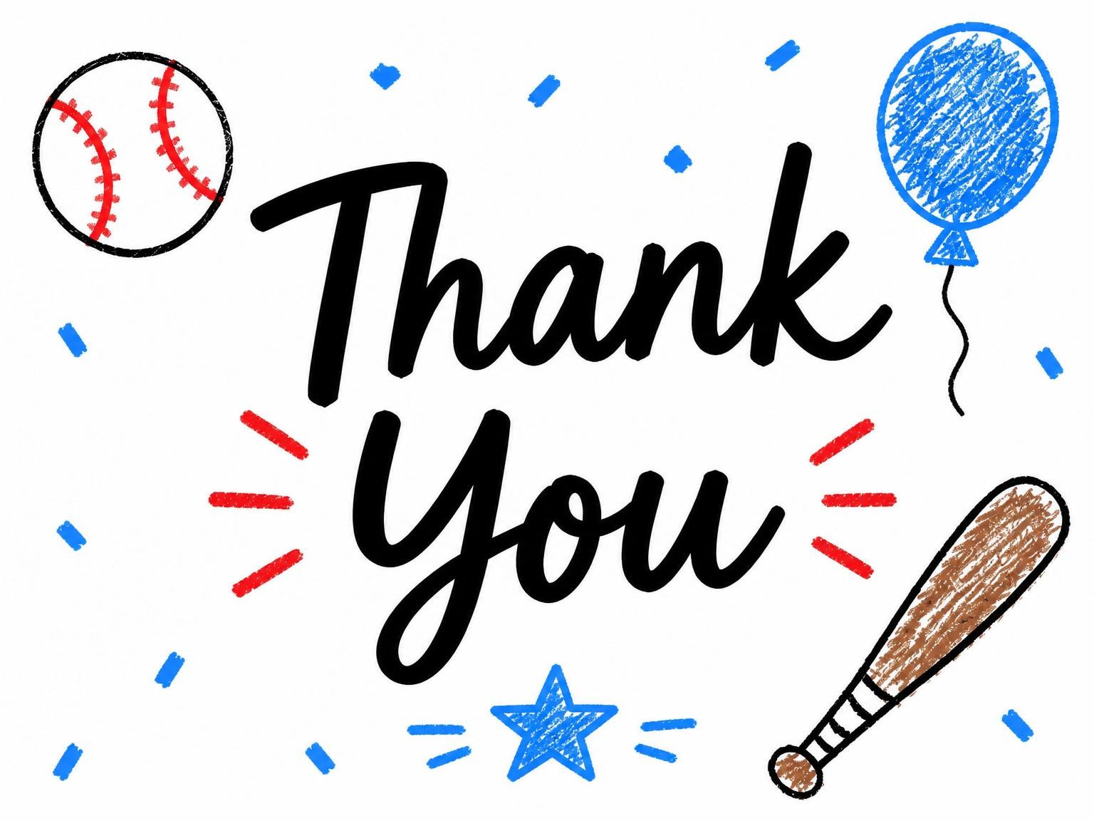 The matching thank-you card for the Crayon Baseball 5th Birthday Invitation invitation