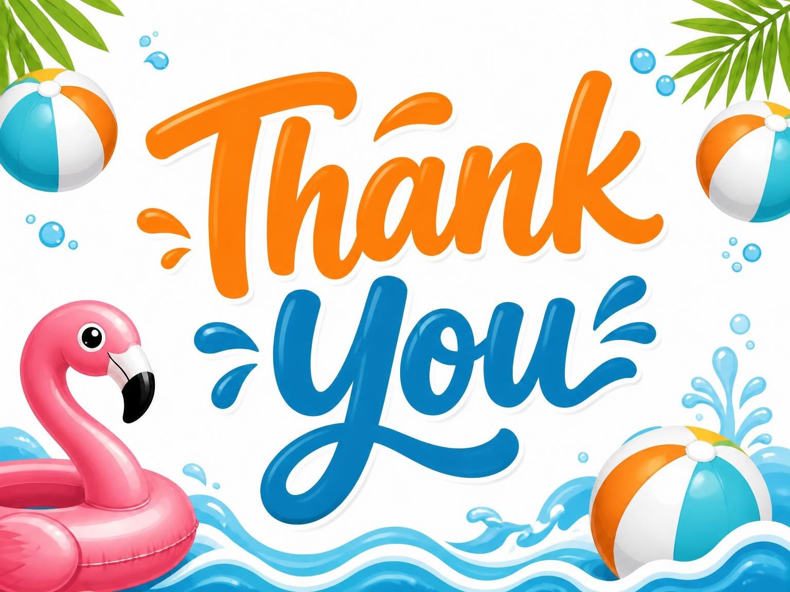 The matching thank-you card for the Tropical Flamingo Beach Ball 7th Birthday invitation