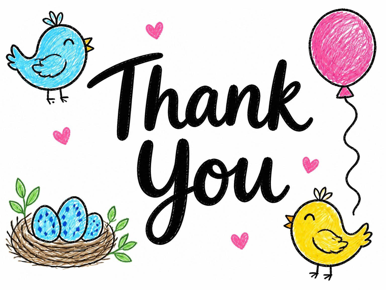 The matching thank-you card for the Crayon Bluebird Balloon 8th Birthday Invitation invitation