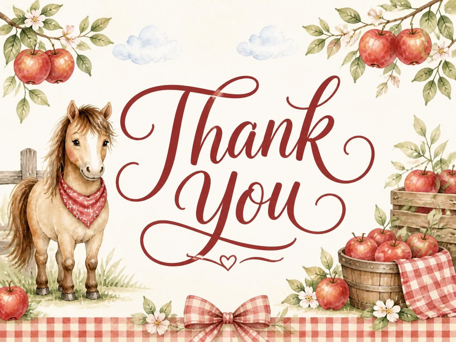 The matching thank-you card for the Watercolor Pony Gingham Orchard Birthday invitation