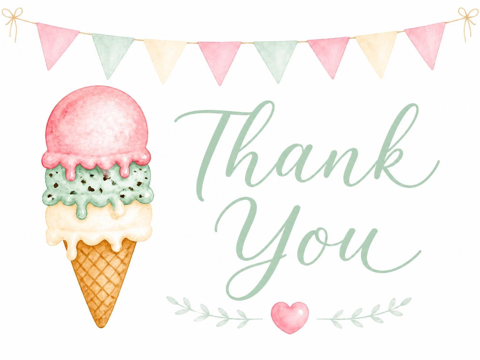 The matching thank-you card for the Pastel Watercolor Ice Cream 2nd Birthday invitation