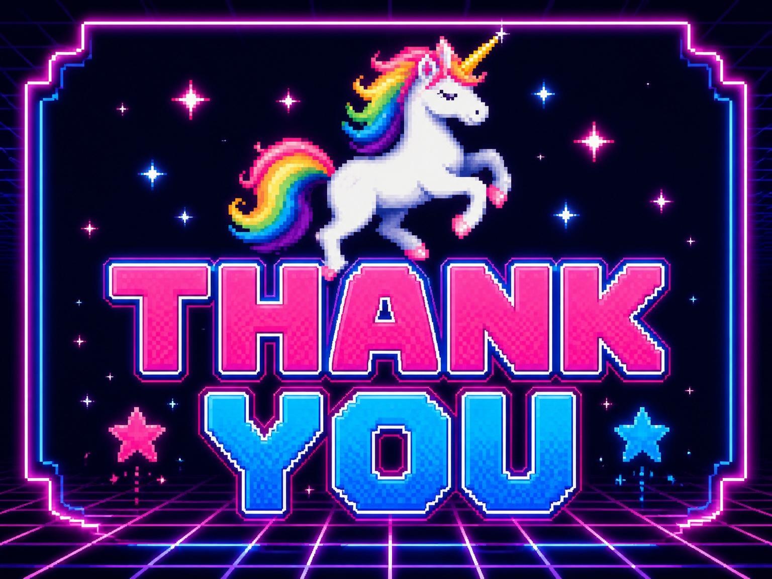 The matching thank-you card for the Neon Pixel Unicorn Arcade 8th Birthday invitation