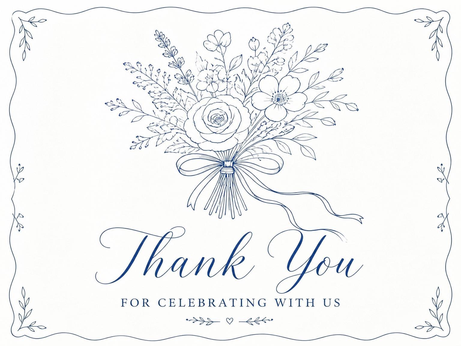 The matching thank-you card for the Deep Blue Ink Floral Bridal Shower invitation