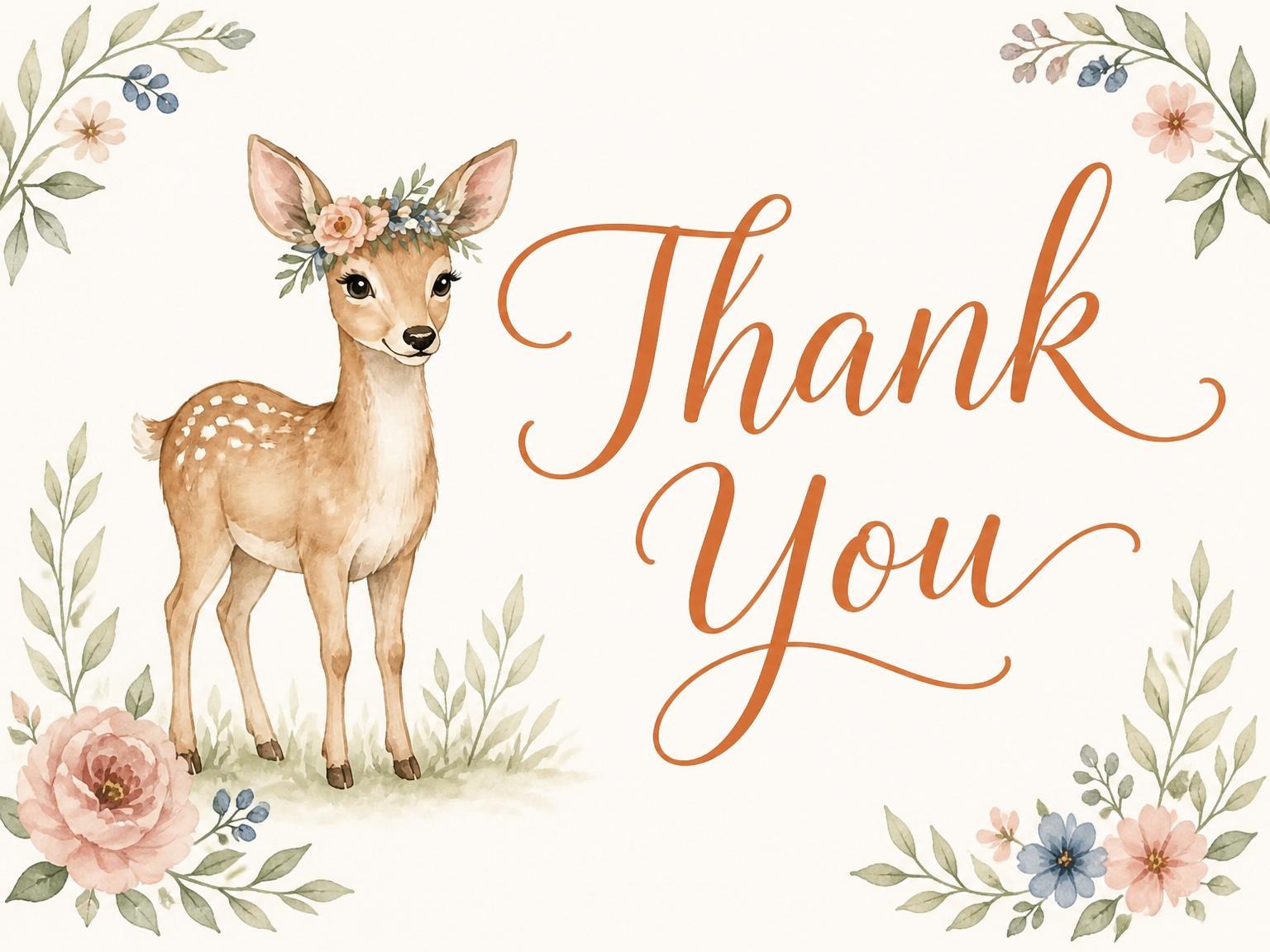 The matching thank-you card for the Watercolor Fawn Floral 3rd Birthday invitation