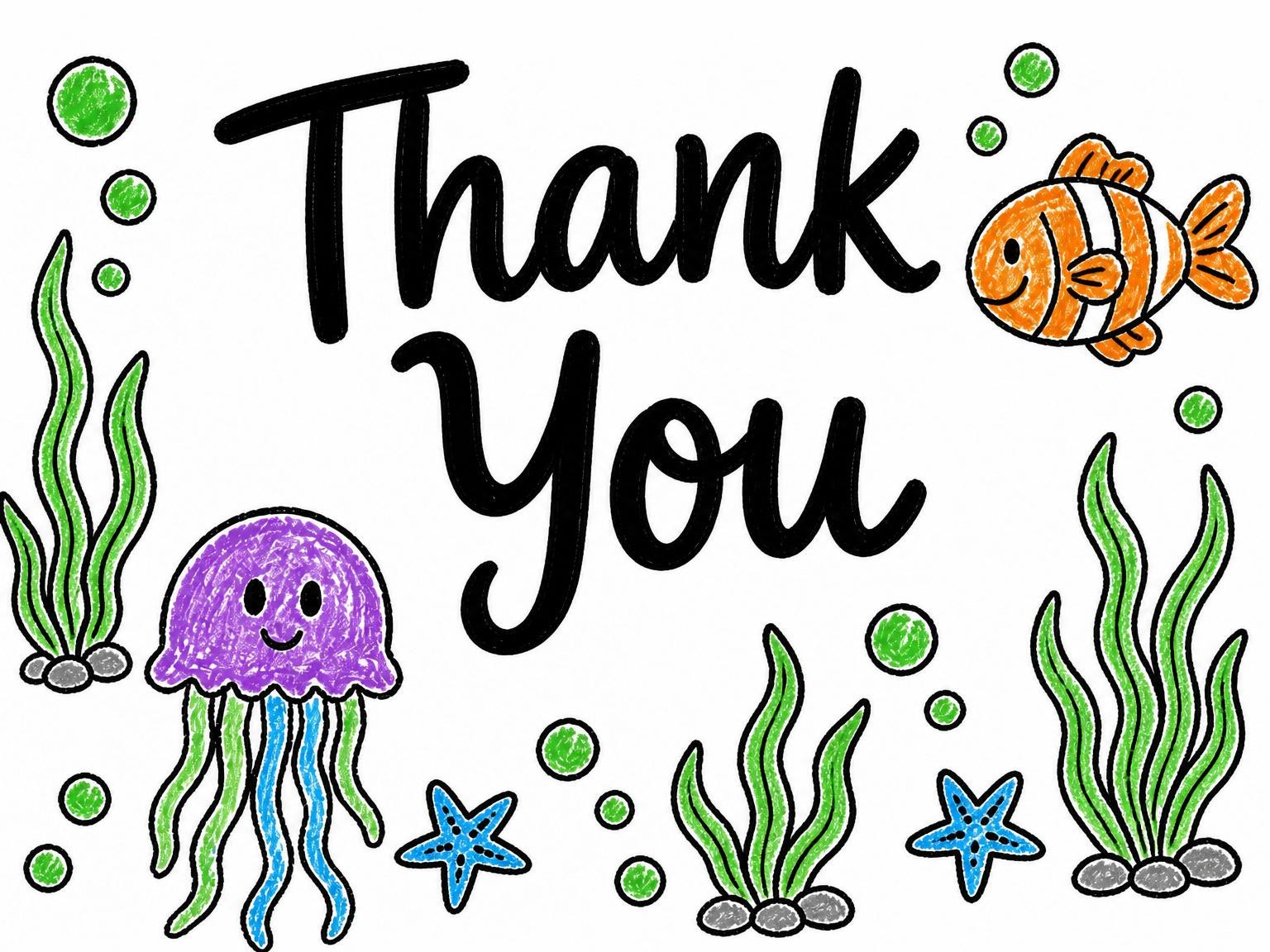 The matching thank-you card for the Crayon Sea-Life 6th Birthday Invitation invitation