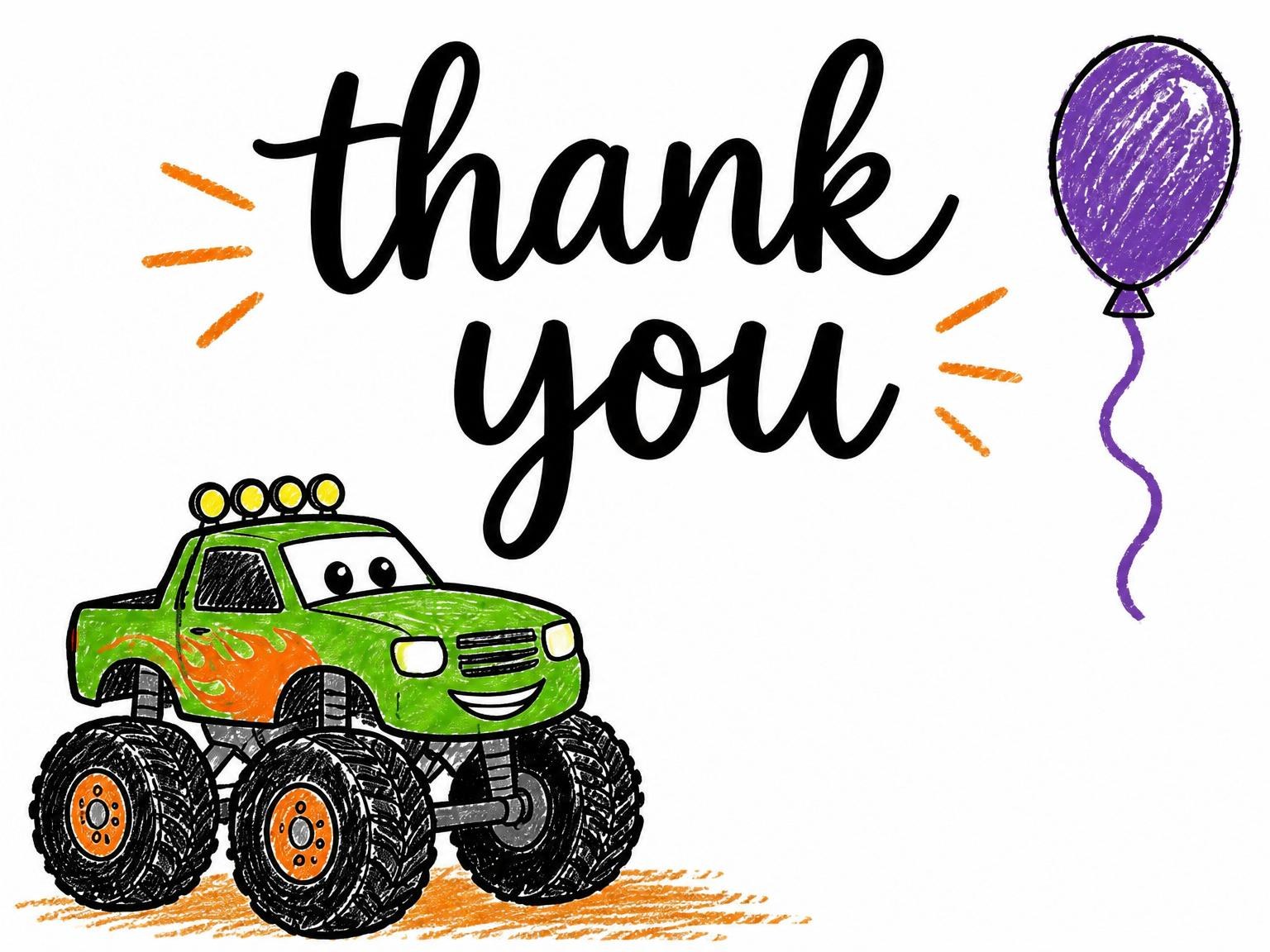 The matching thank-you card for the Crayon Texture Monster Truck Birthday invitation