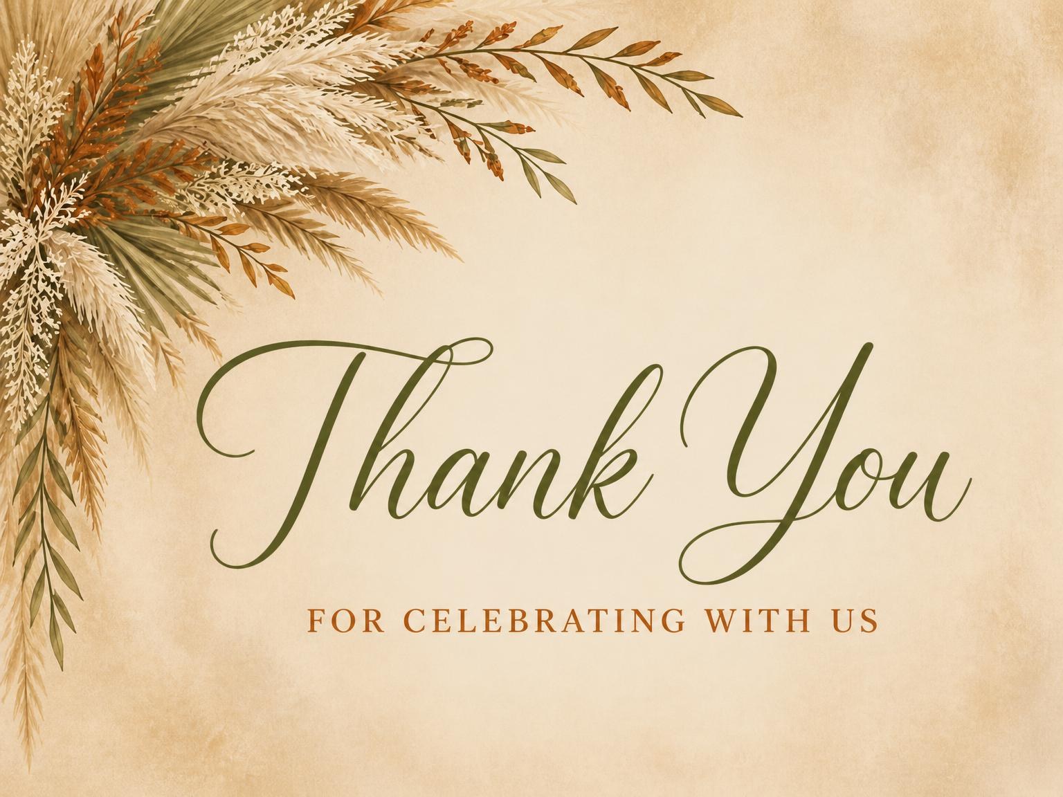 The matching thank-you card for the Dried Pampas Grass Bridal Shower invitation