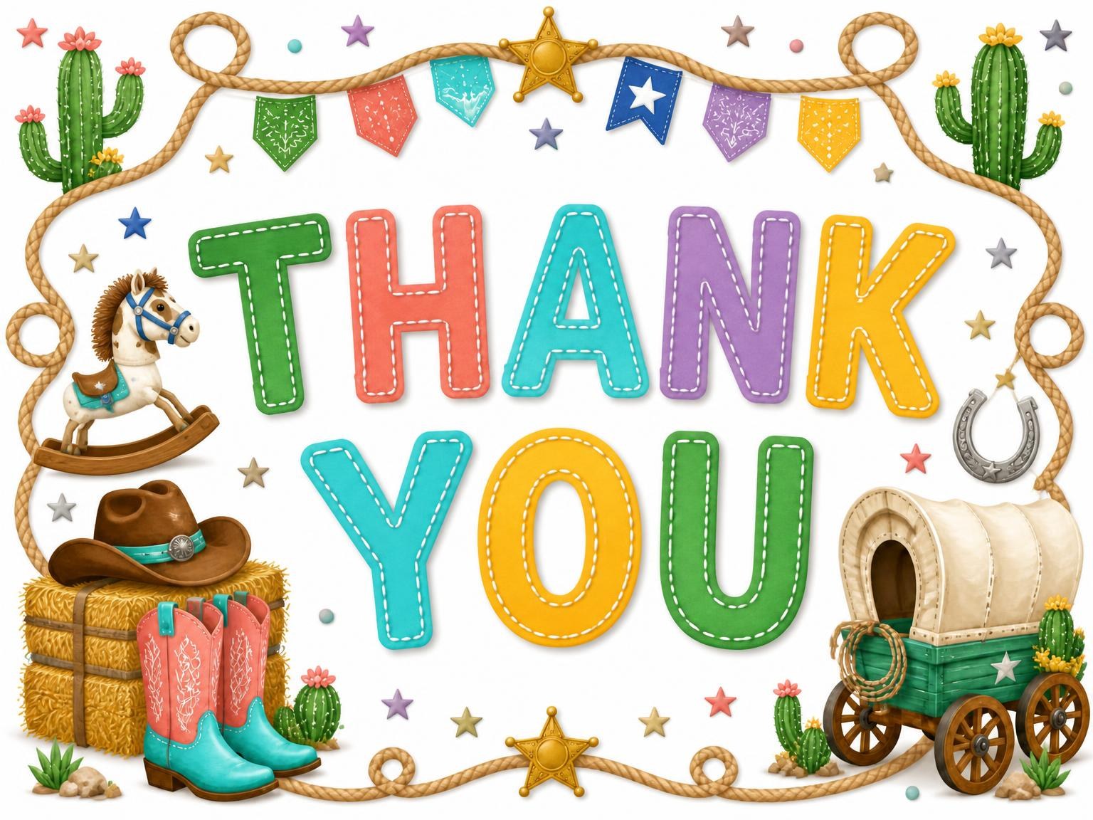 The matching thank-you card for the Stitched Cowboy 6th Birthday Invitation invitation