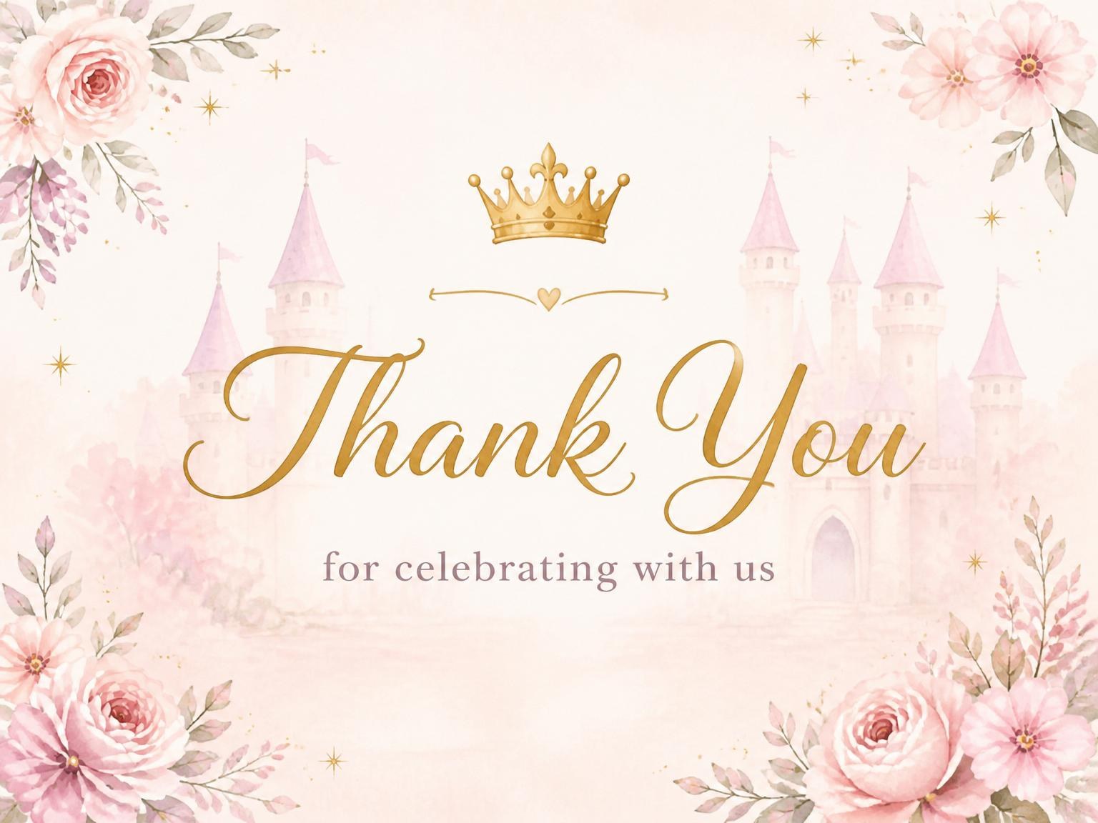 The matching thank-you card for the Blush Watercolor Castle 4th Birthday Invitation invitation