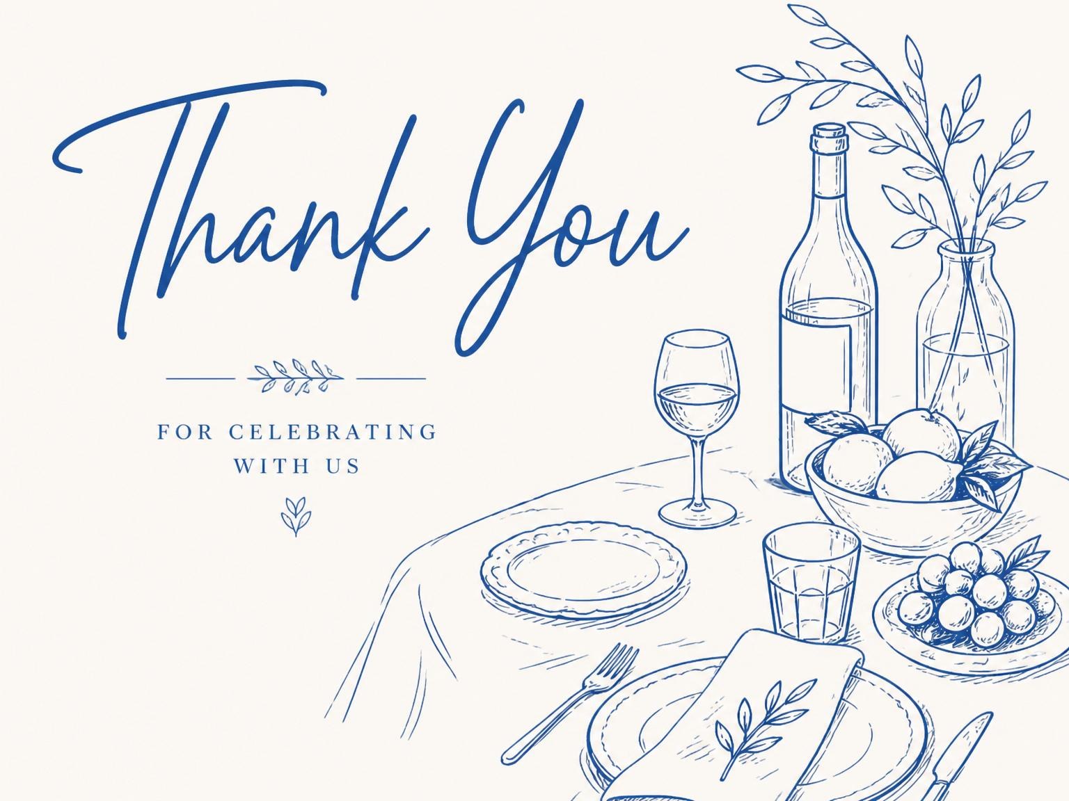 The matching thank-you card for the Blue Line Art Bistro Birthday Dinner invitation