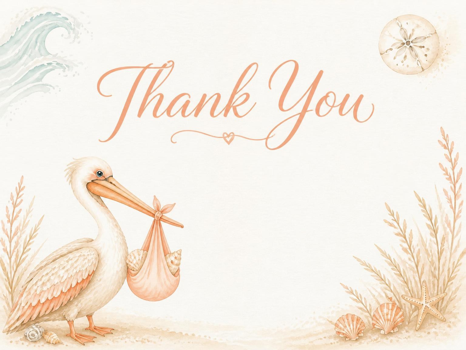The matching thank-you card for the Watercolor Pelican Coastal Baby Shower invitation