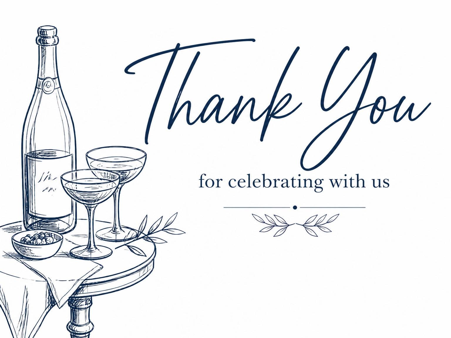 The matching thank-you card for the Navy Ink Sketch Champagne 40th Birthday invitation