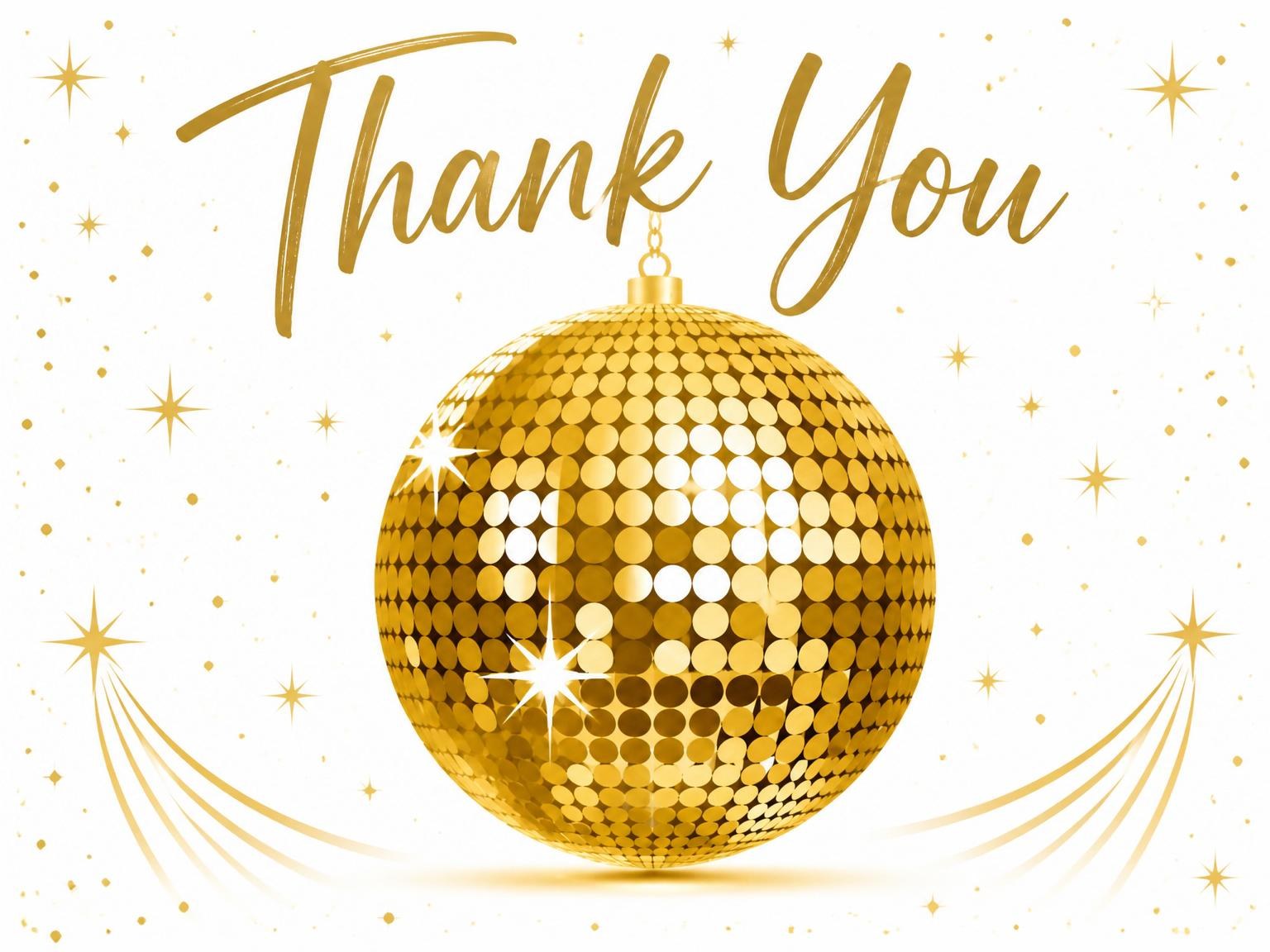 The matching thank-you card for the Gold Disco Ball 5th Birthday invitation