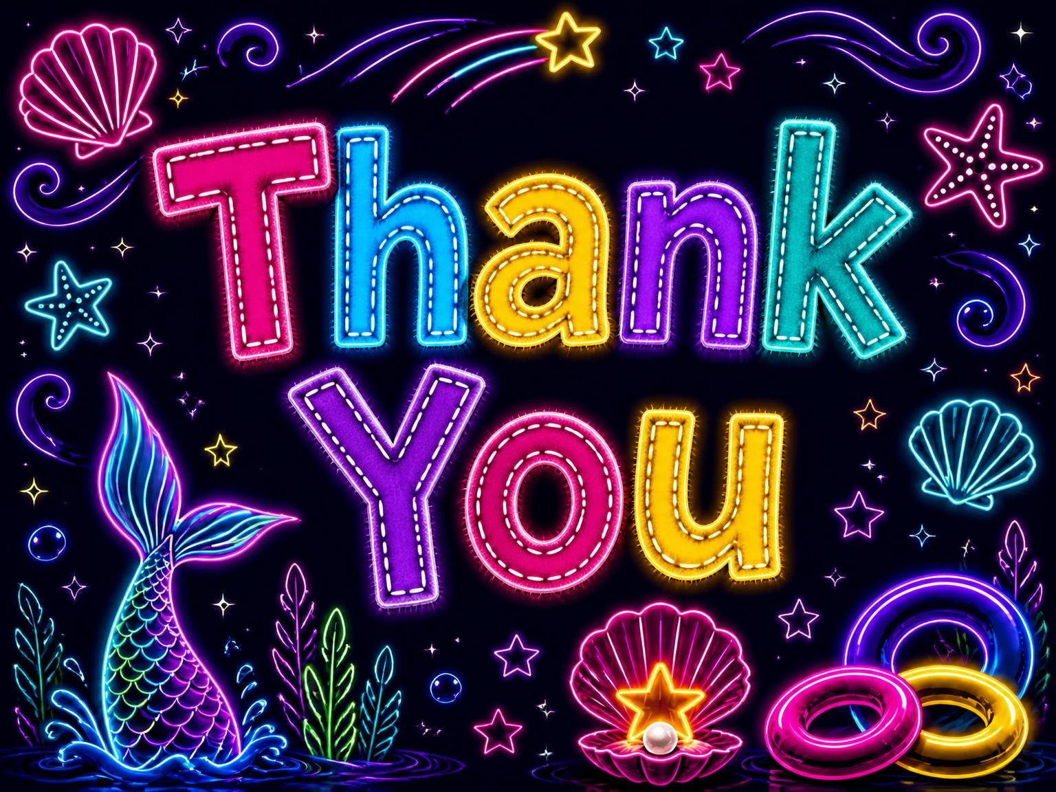 The matching thank-you card for the Neon Mermaid 1st Birthday Invitation invitation