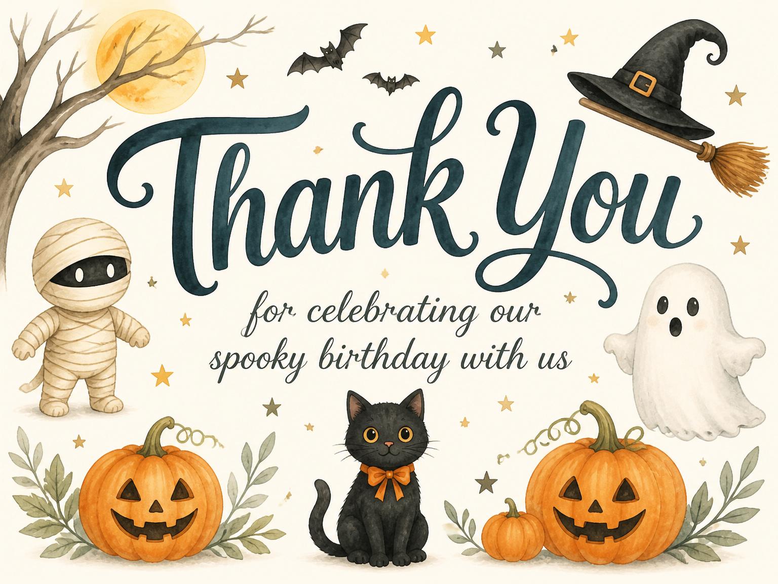 The matching thank-you card for the Little Monsters Halloween 5th Birthday Party invitation