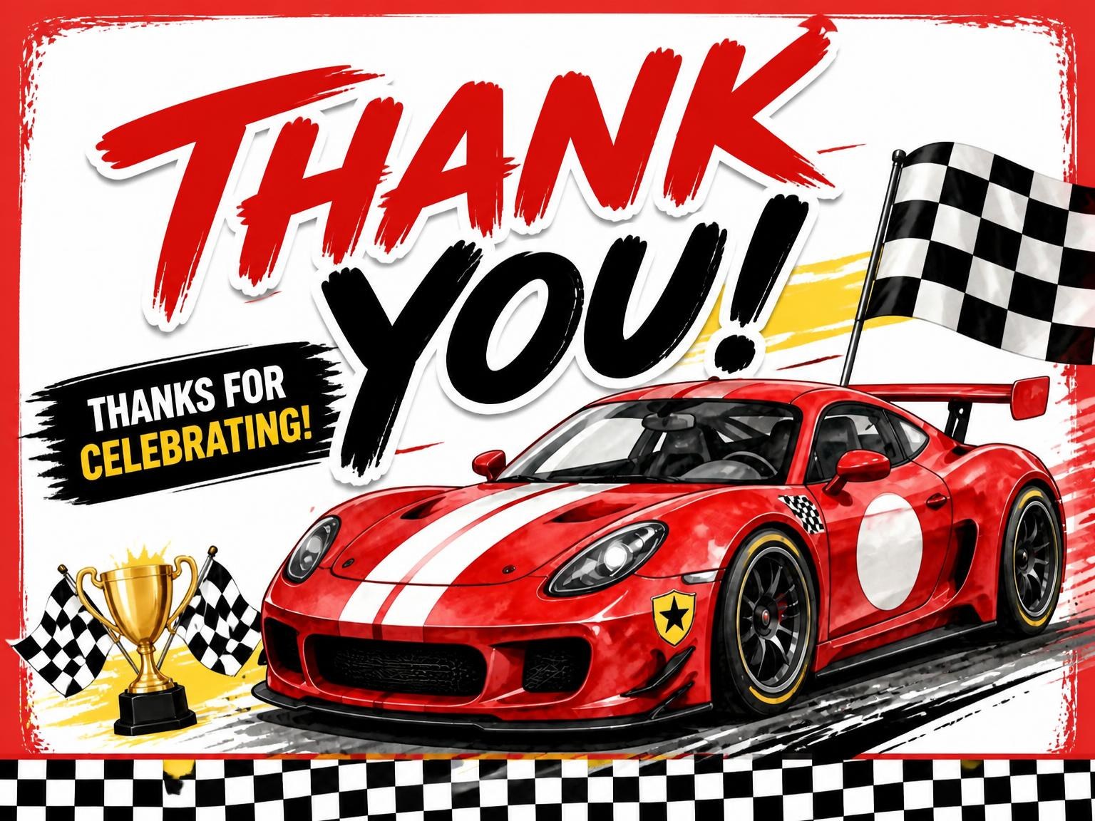 The matching thank-you card for the Red Sports Car 4th Birthday invitation