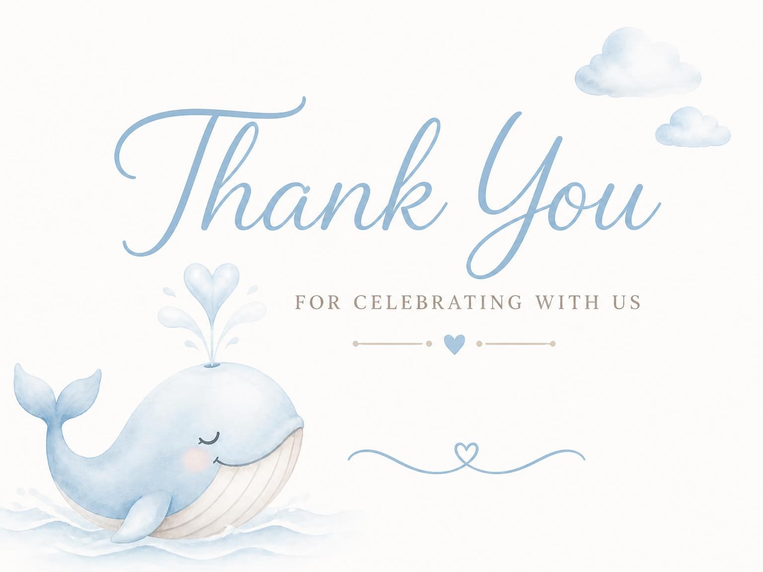 The matching thank-you card for the Blue Watercolor Whale Baby Shower invitation