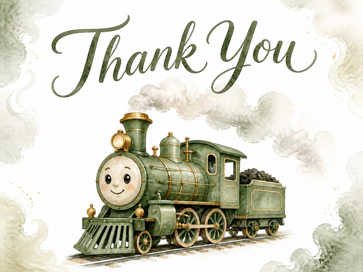 The matching thank-you card for the Watercolor Steam Engine 3rd Birthday invitation