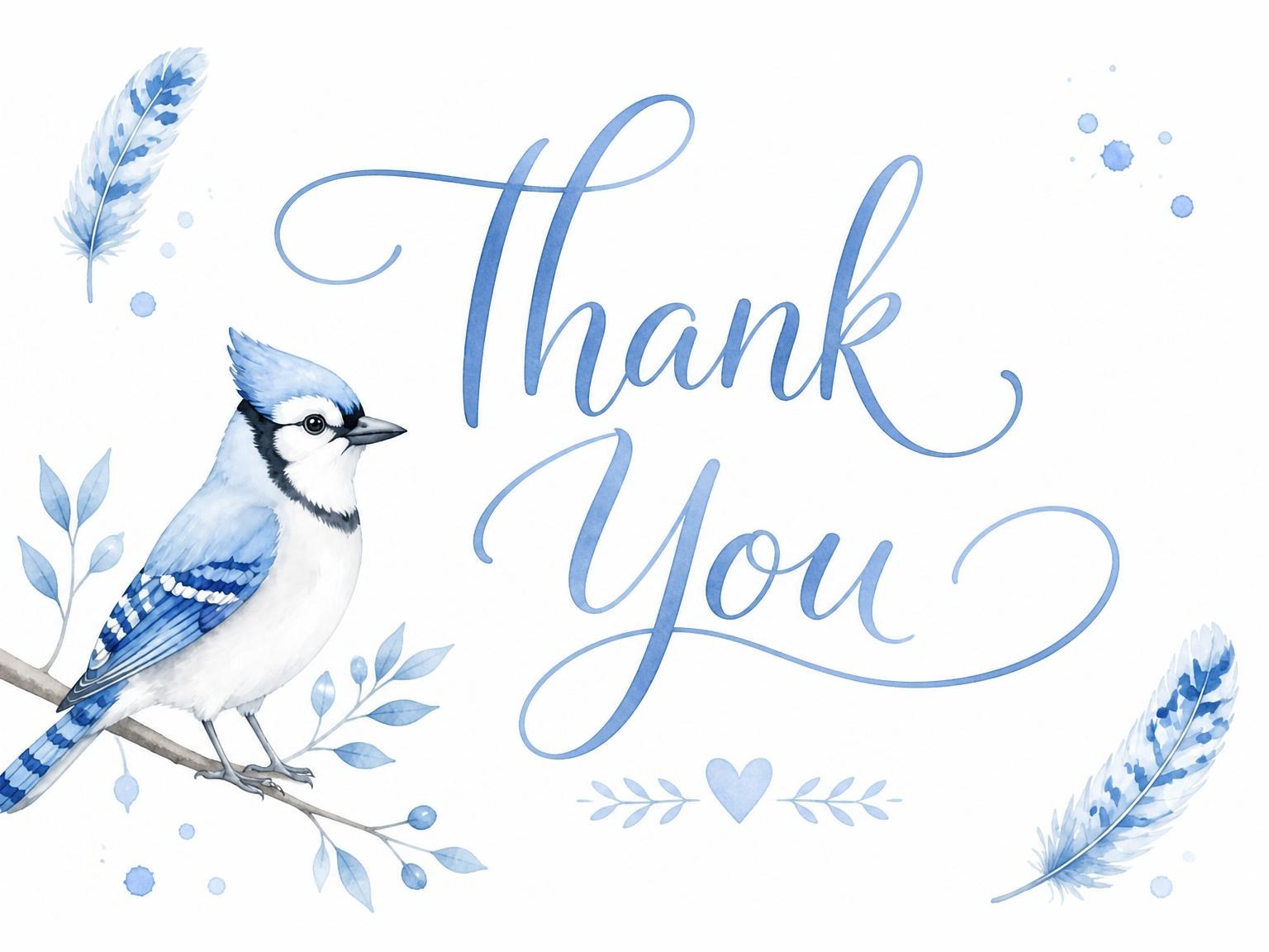 The matching thank-you card for the Watercolor Blue Jay 2nd Birthday invitation