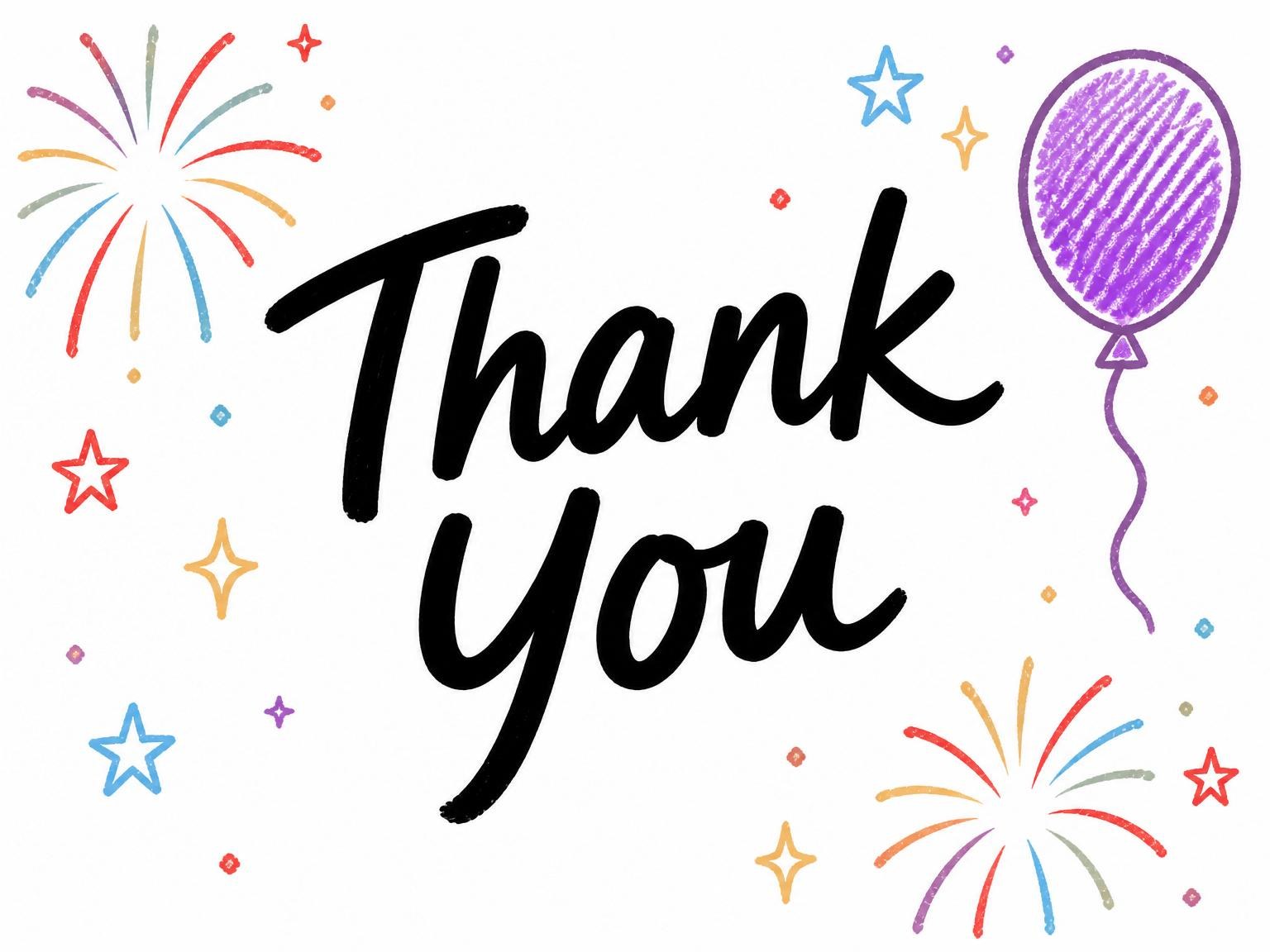 The matching thank-you card for the Crayon Fireworks Balloon 4th Birthday Invitation invitation