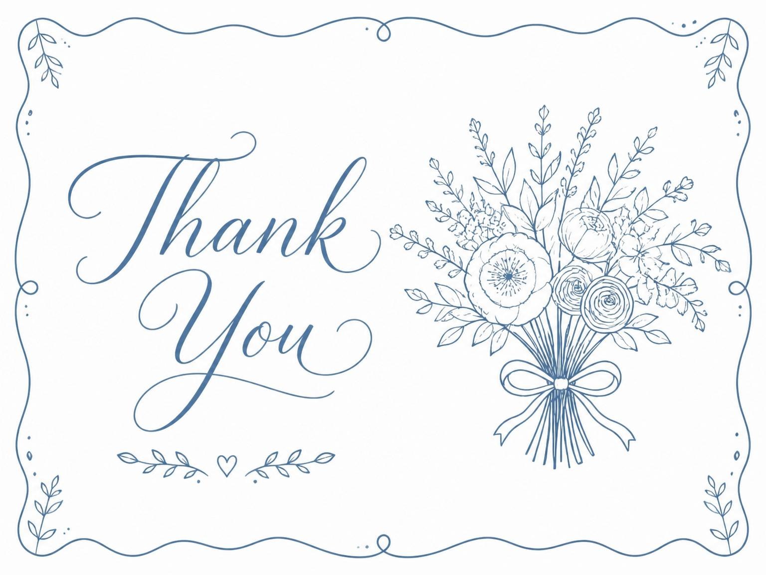 The matching thank-you card for the Blue Line-Art Floral Bridal Shower invitation