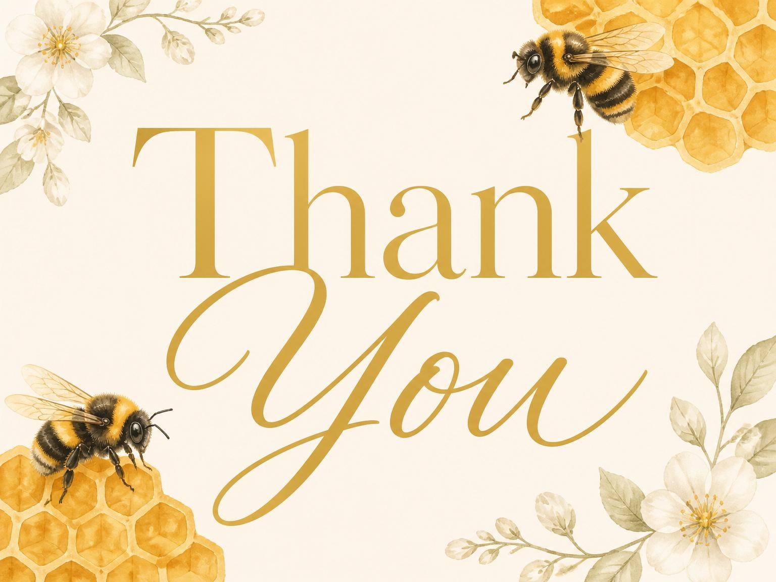 The matching thank-you card for the Watercolor Bumblebee Honeycomb 4th Birthday Invitation invitation