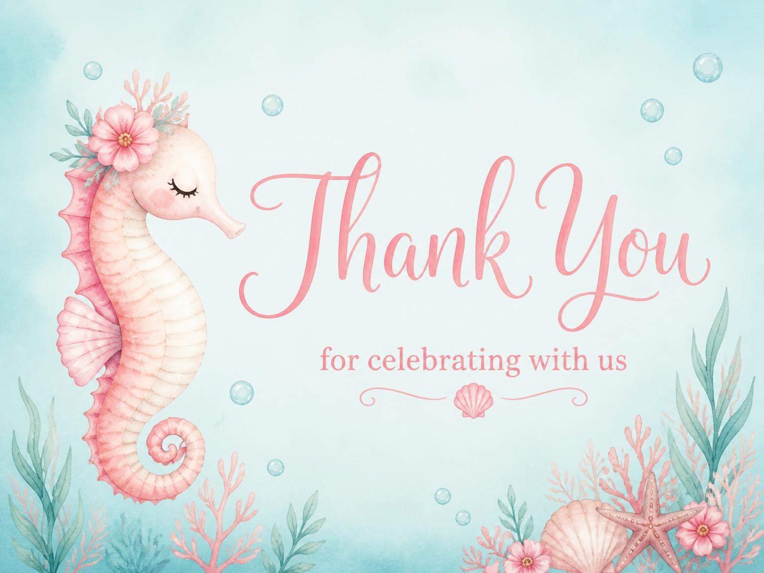 The matching thank-you card for the Watercolor Seahorse Floral 2nd Birthday invitation