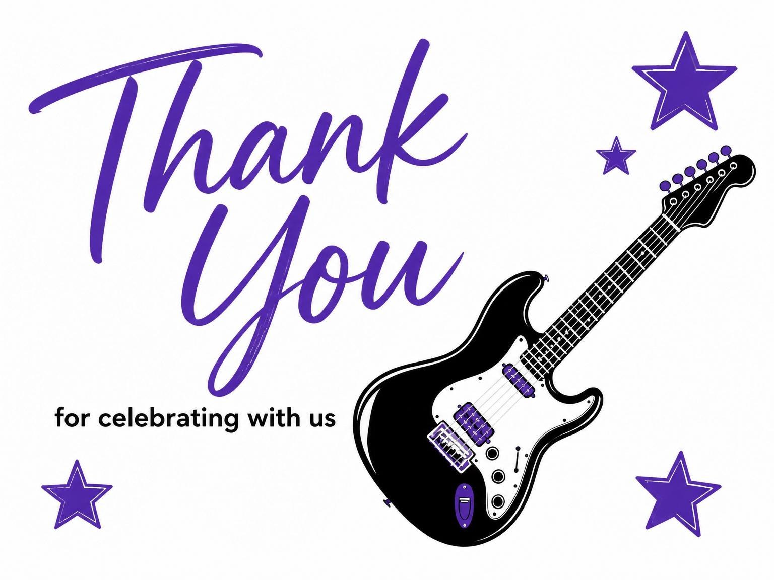 The matching thank-you card for the Purple Electric Guitar 4th Birthday invitation