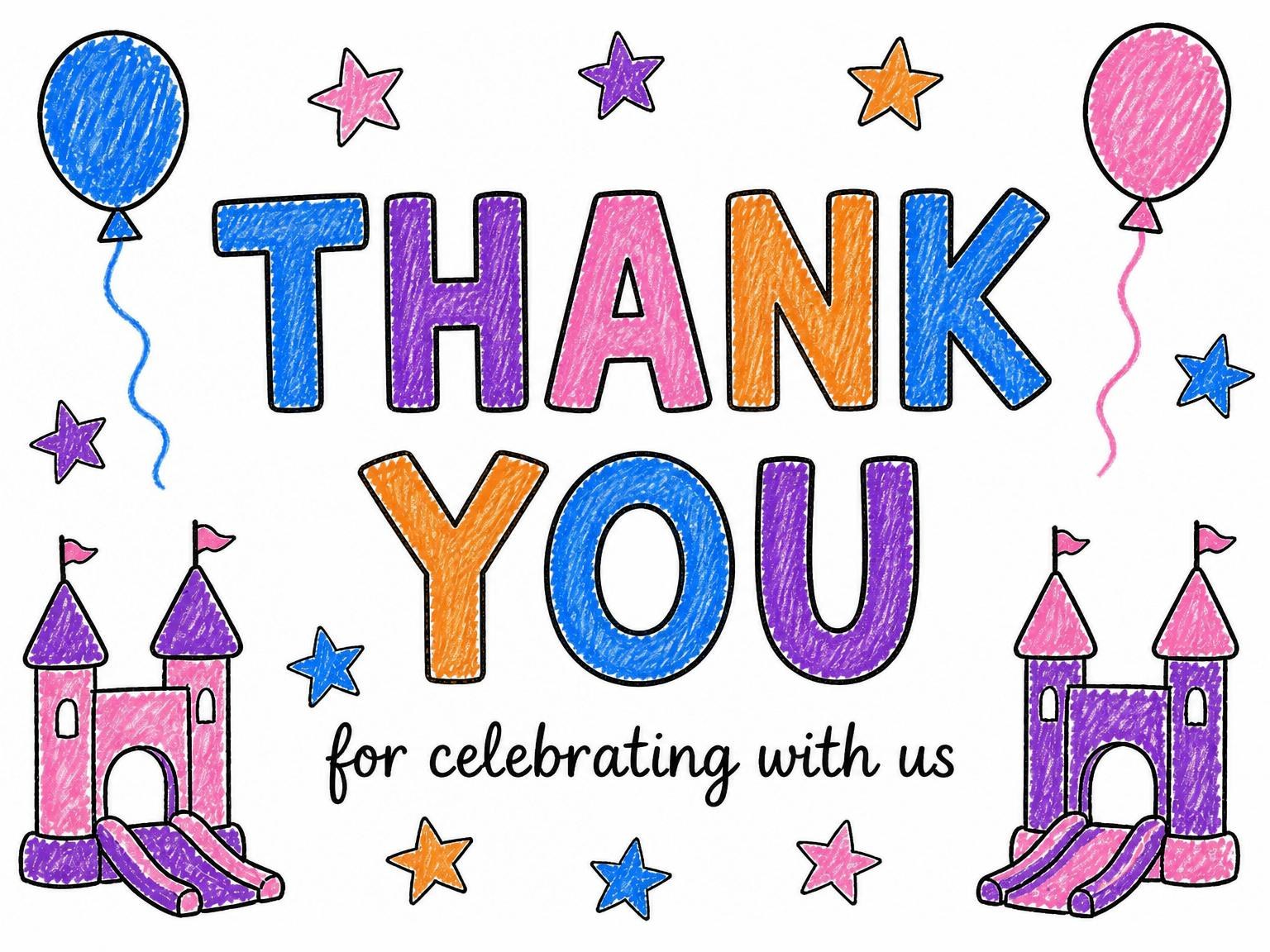 The matching thank-you card for the Crayon Drawing Bouncy Castle 5th Birthday invitation