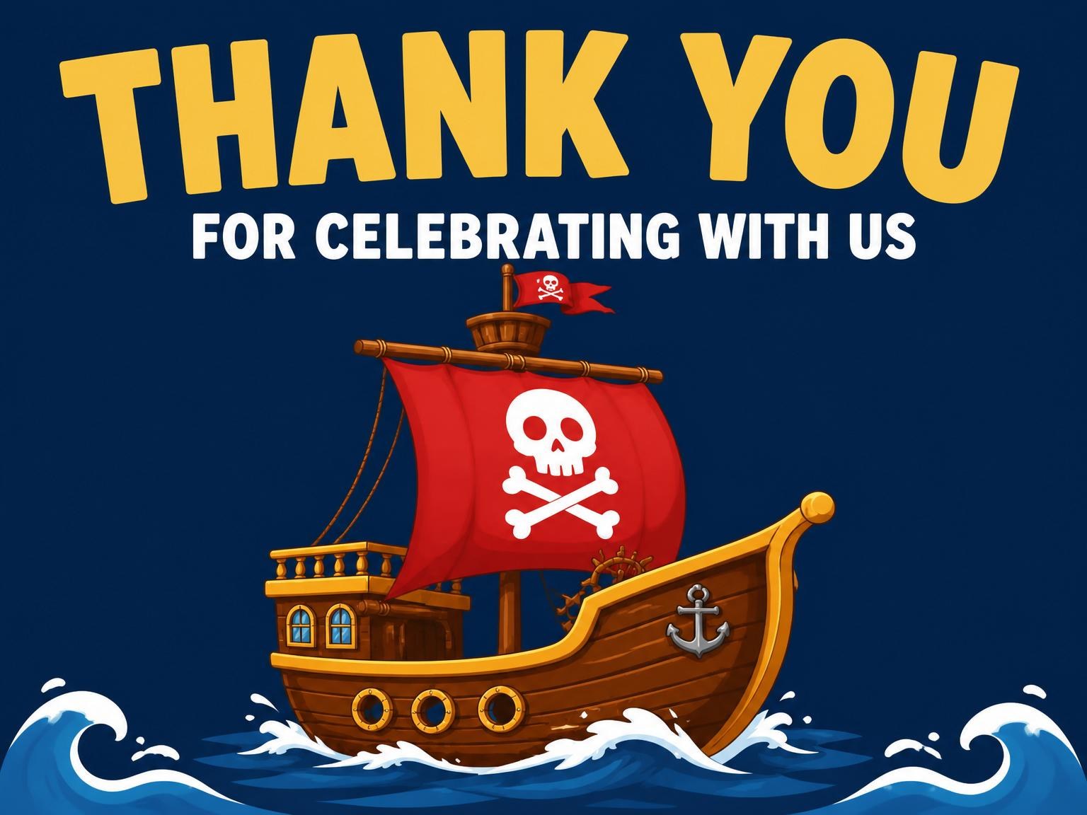 The matching thank-you card for the Navy Pirate Ship Kids Birthday invitation