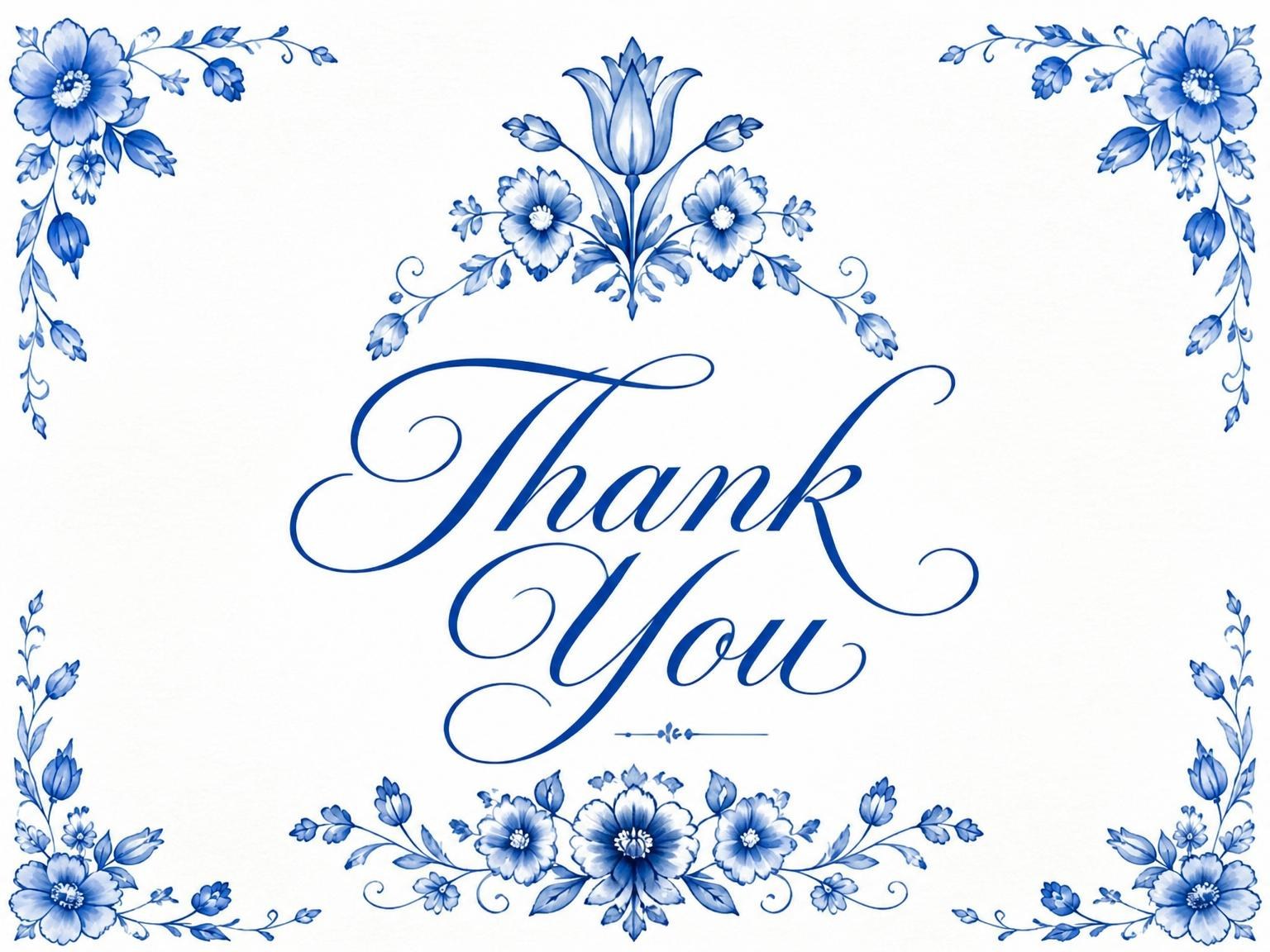 The matching thank-you card for the Blue Delft Floral Bridal Shower invitation