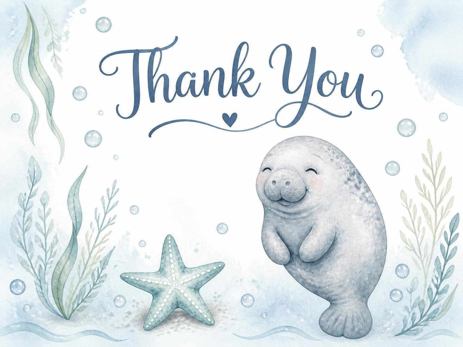 The matching thank-you card for the Blue Watercolor Manatee 3rd Birthday invitation