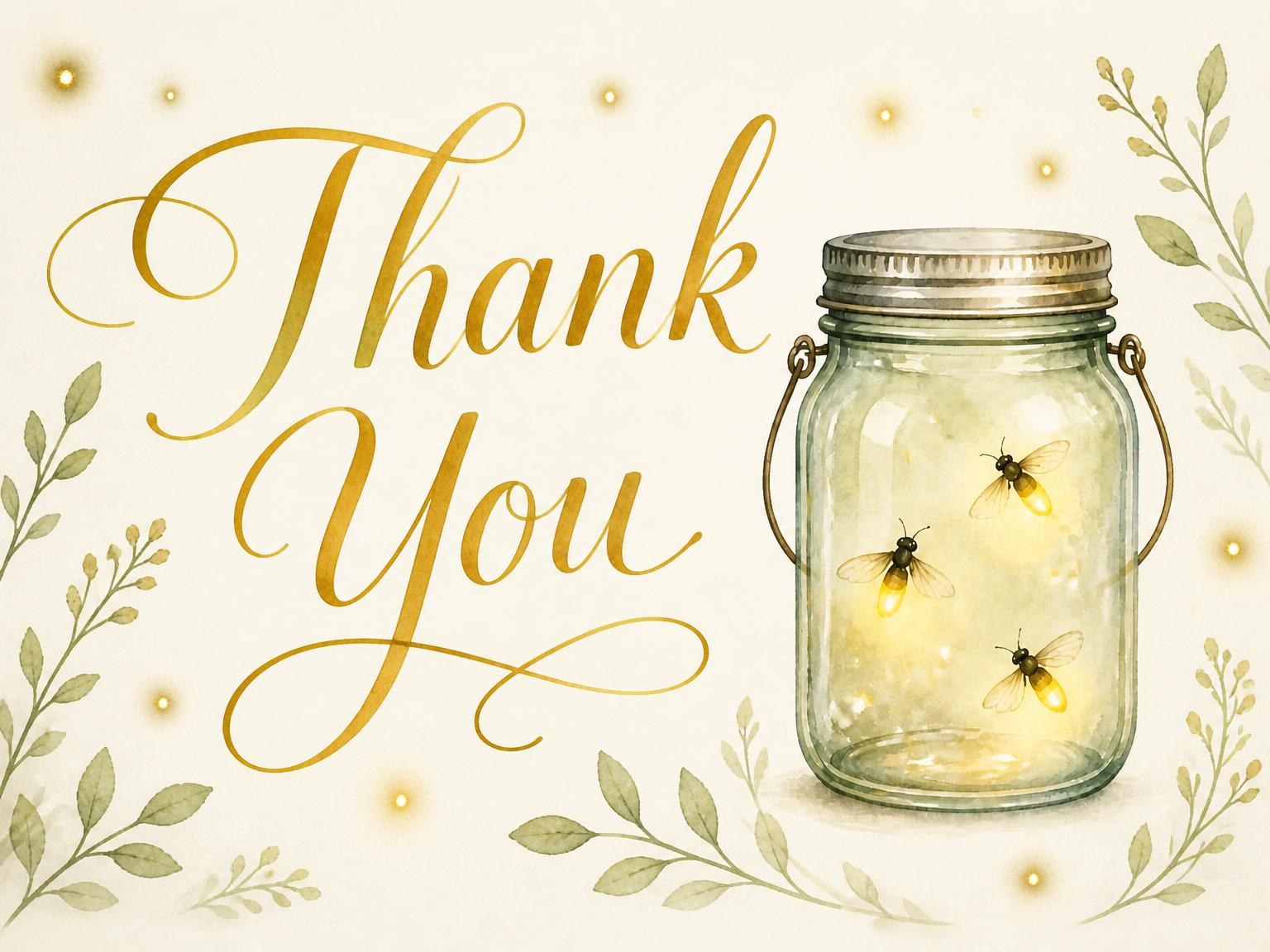 The matching thank-you card for the Gold Sage Firefly Mason Jar 5th Birthday invitation