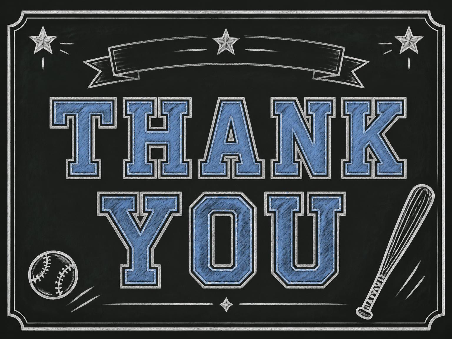 The matching thank-you card for the Chalkboard Varsity Baseball Baby Shower invitation