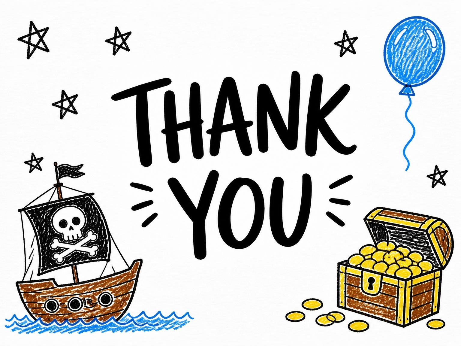 The matching thank-you card for the Crayon Pirate Ship 9th Birthday invitation