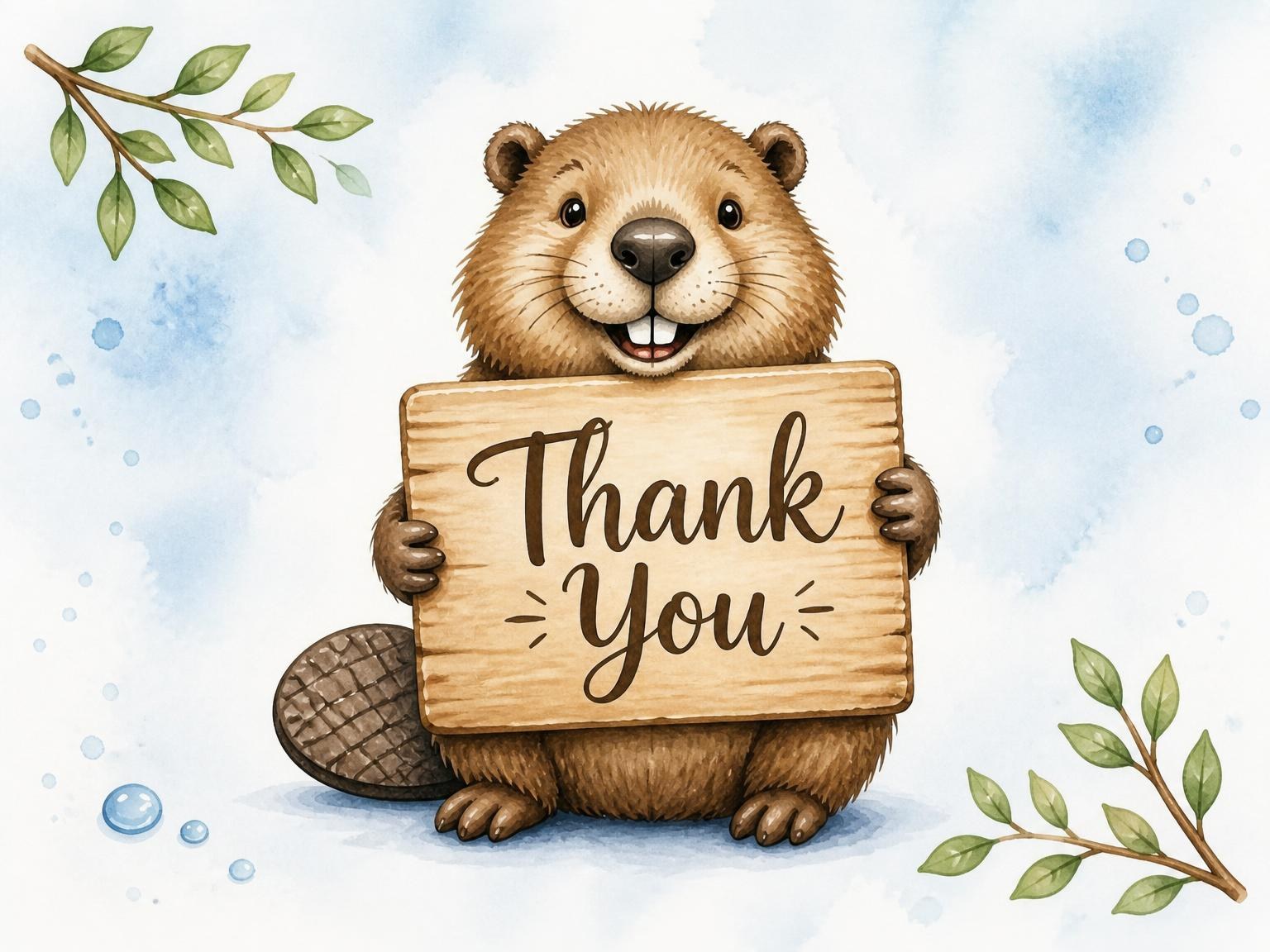 The matching thank-you card for the Watercolor Beaver Wood 2nd Birthday invitation