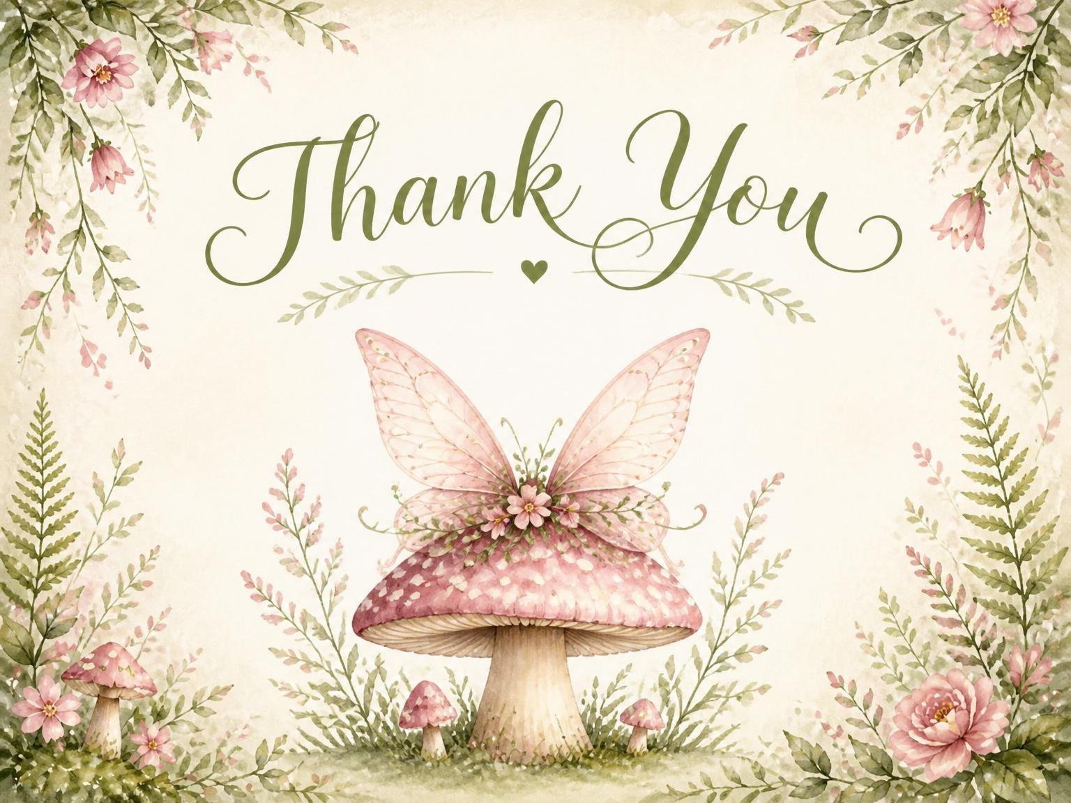 The matching thank-you card for the Watercolor Fairy Mushroom 4th Birthday Invitation invitation