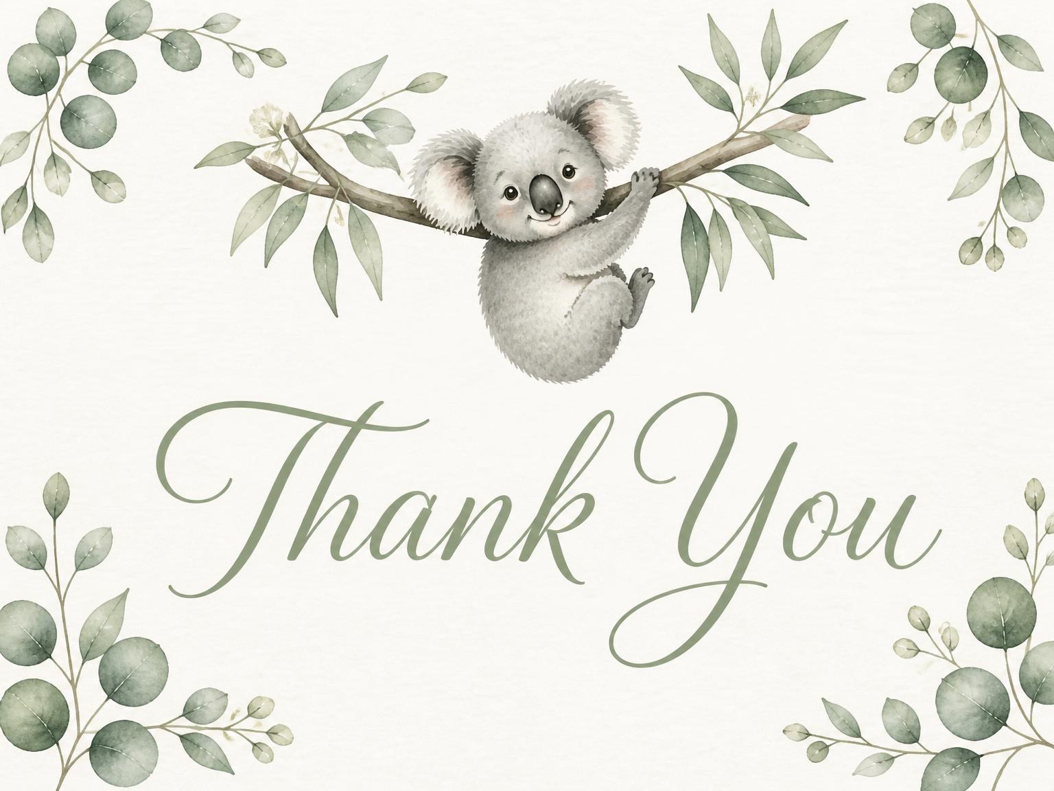 The matching thank-you card for the Watercolor Koala Eucalyptus 9th Birthday Invitation invitation