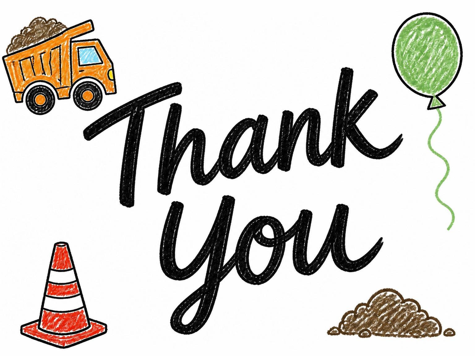 The matching thank-you card for the Crayon Texture Construction 2nd Birthday invitation