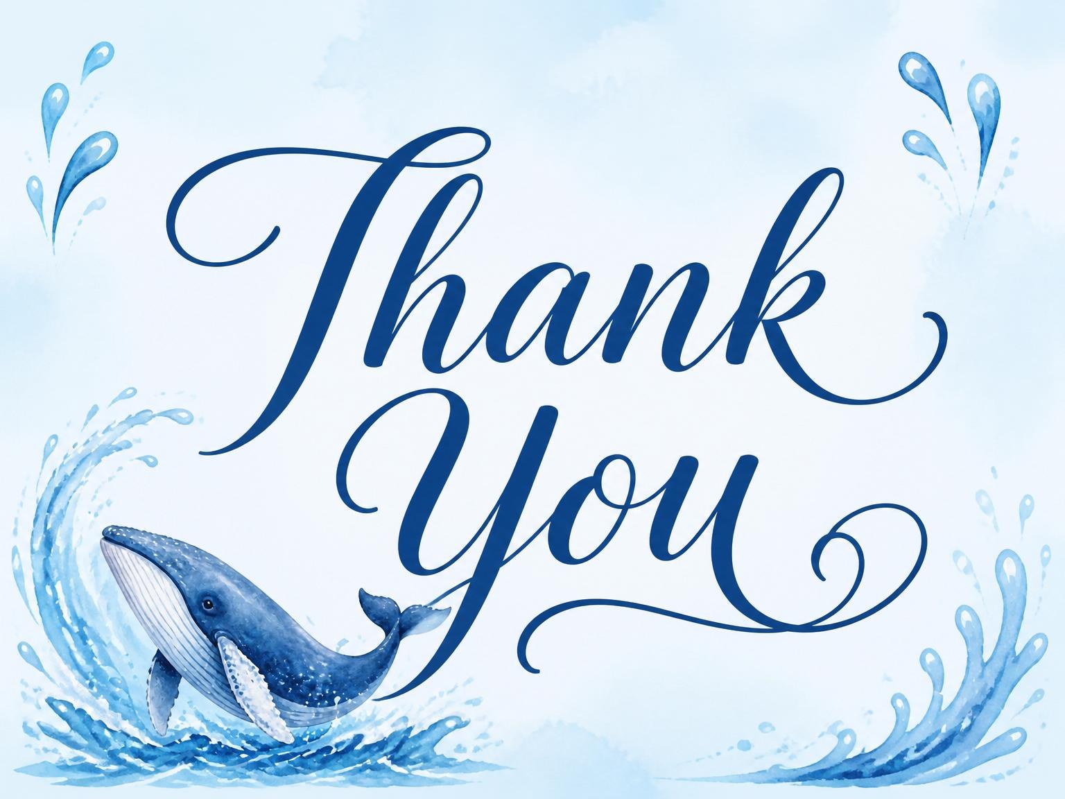The matching thank-you card for the Watercolor Whale 1st Birthday Invitation invitation