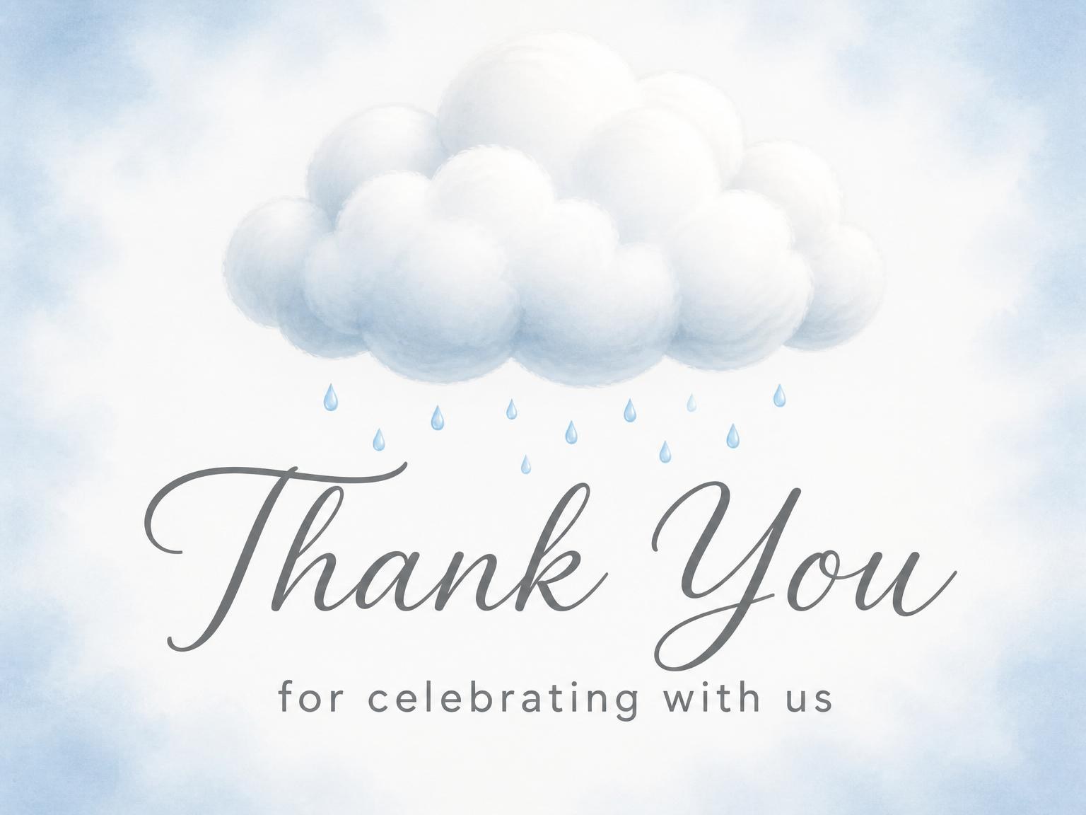 The matching thank-you card for the Blue Watercolor Raincloud Baby Shower invitation