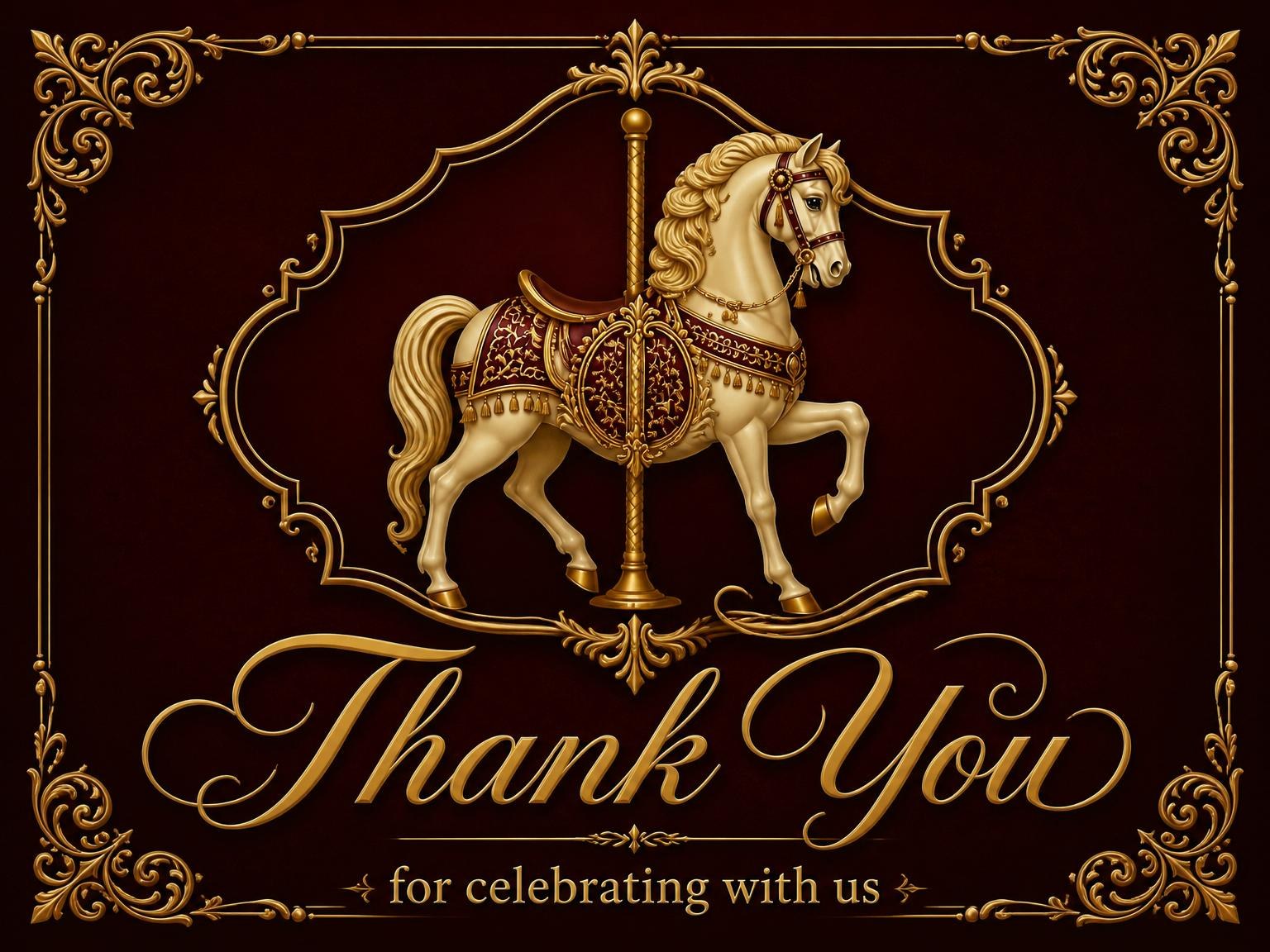 The matching thank-you card for the Burgundy Gold Carousel 4th Birthday Invitation invitation