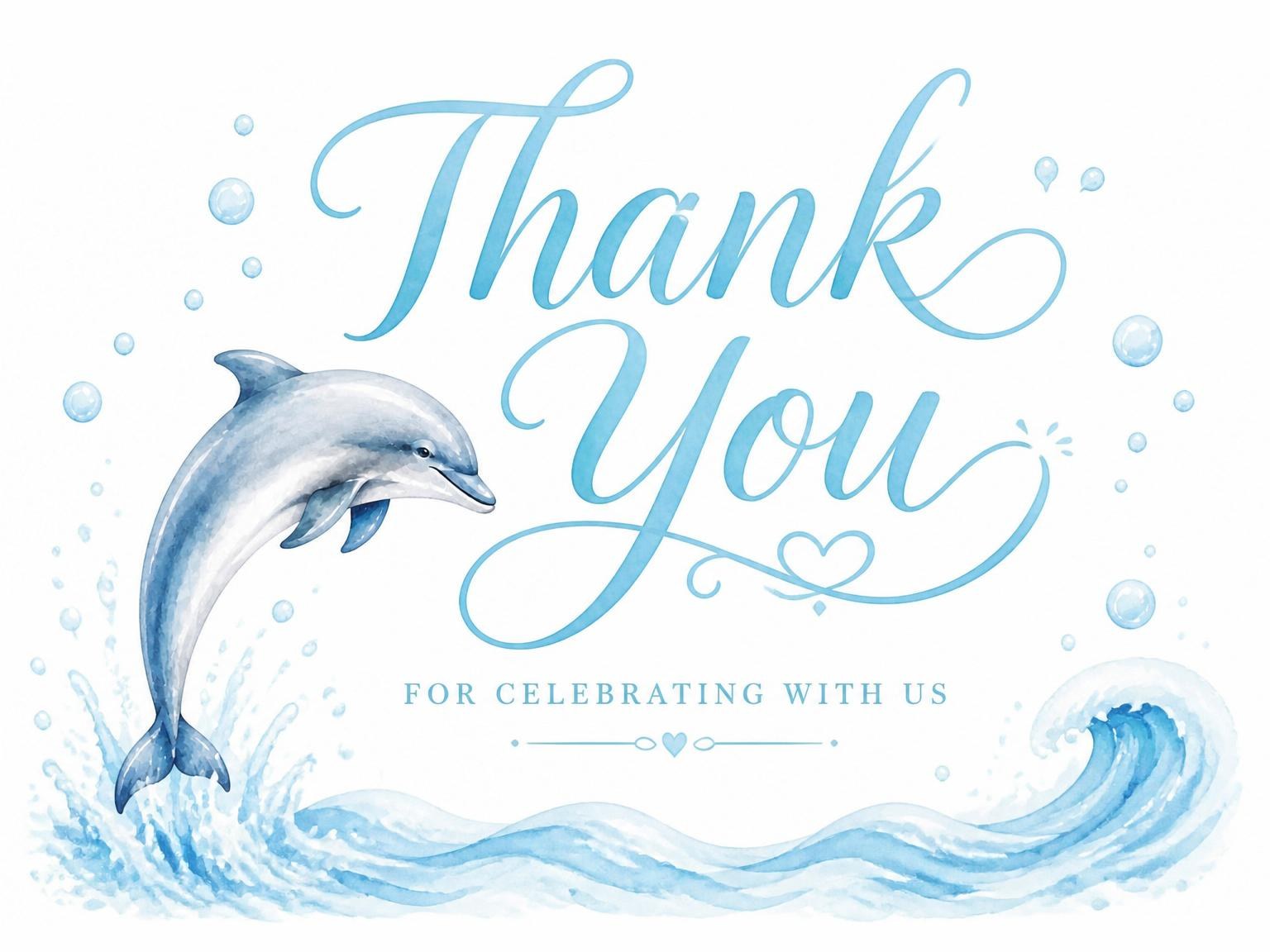 The matching thank-you card for the Watercolor Dolphin 5th Birthday Invitation invitation