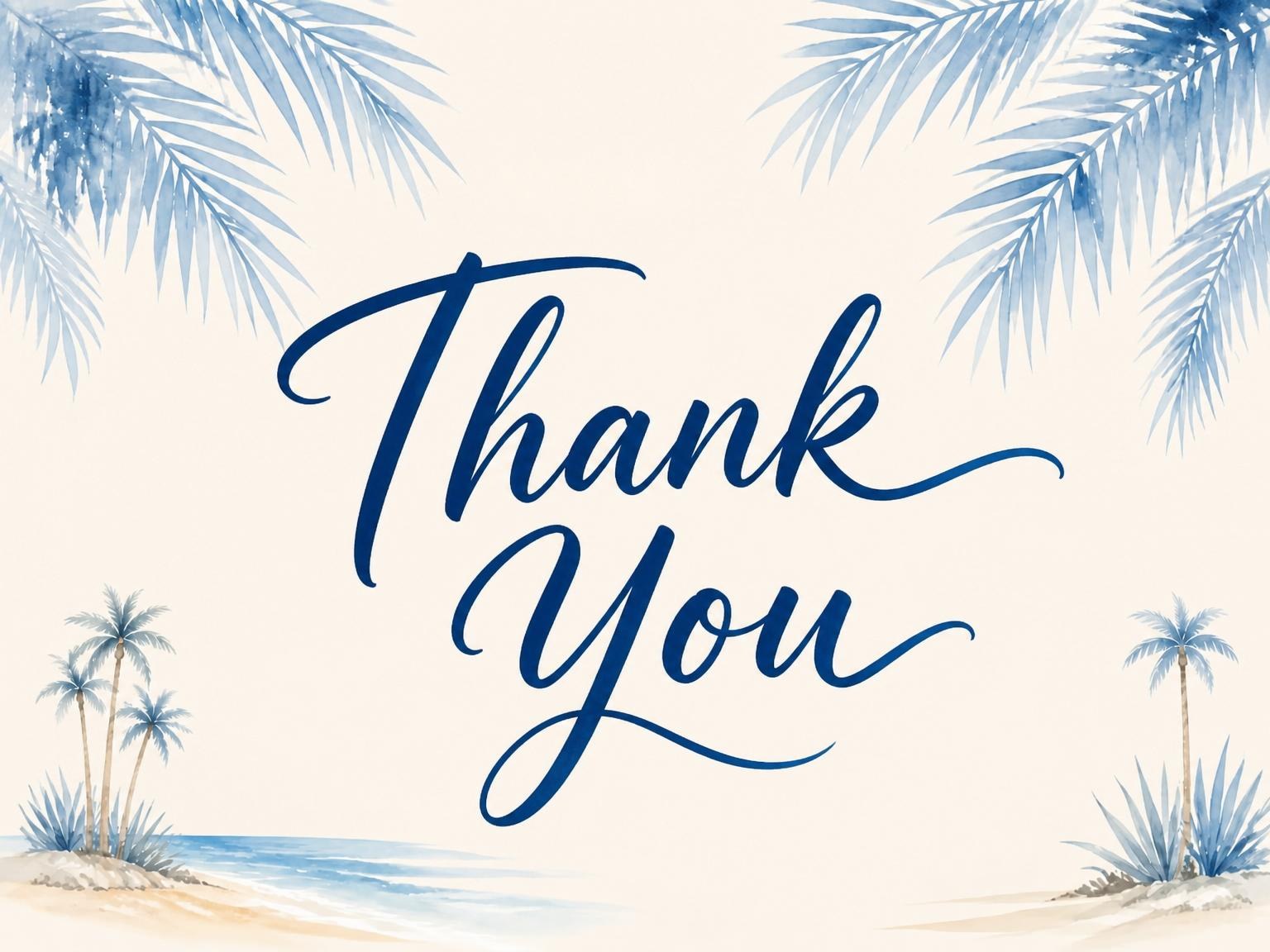 The matching thank-you card for the Blue Watercolor Palm Summer Soiree invitation
