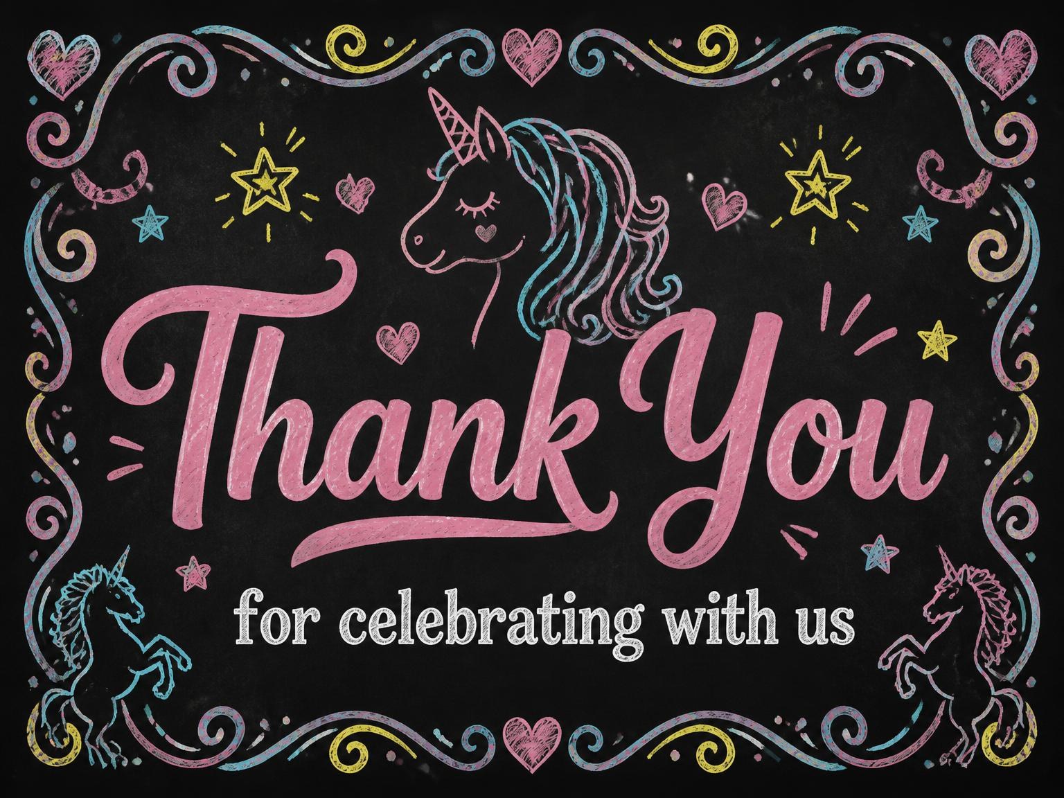 The matching thank-you card for the Chalkboard Pastel Unicorn 5th Birthday Invite invitation