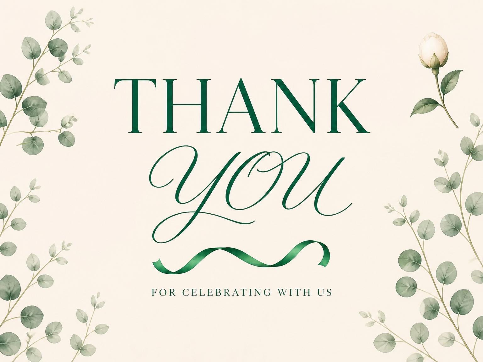 The matching thank-you card for the Emerald Ribbon 40th Soirée invitation